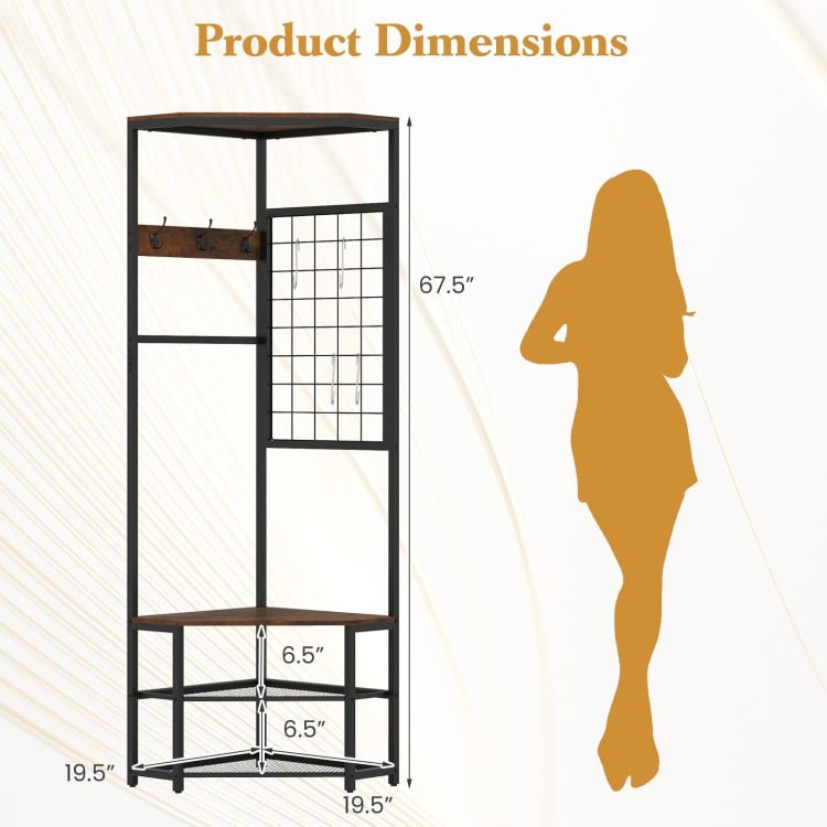 Corner Hall Tree Freestanding Coat Rack with Storage Shelves Removable Hooks-Brown