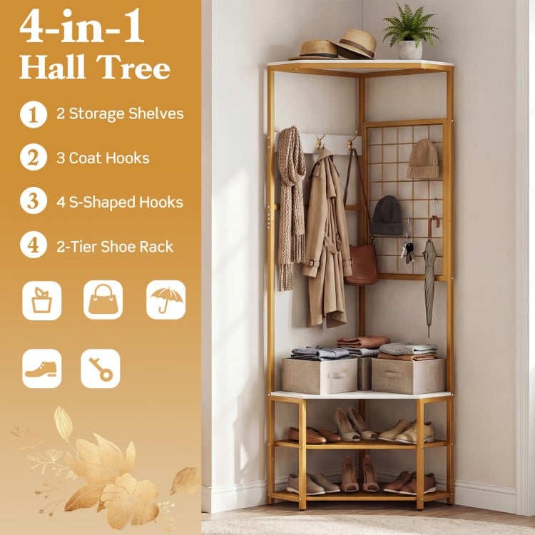 Corner Hall Tree Freestanding Coat Rack with Storage Shelves Removable Hooks-White