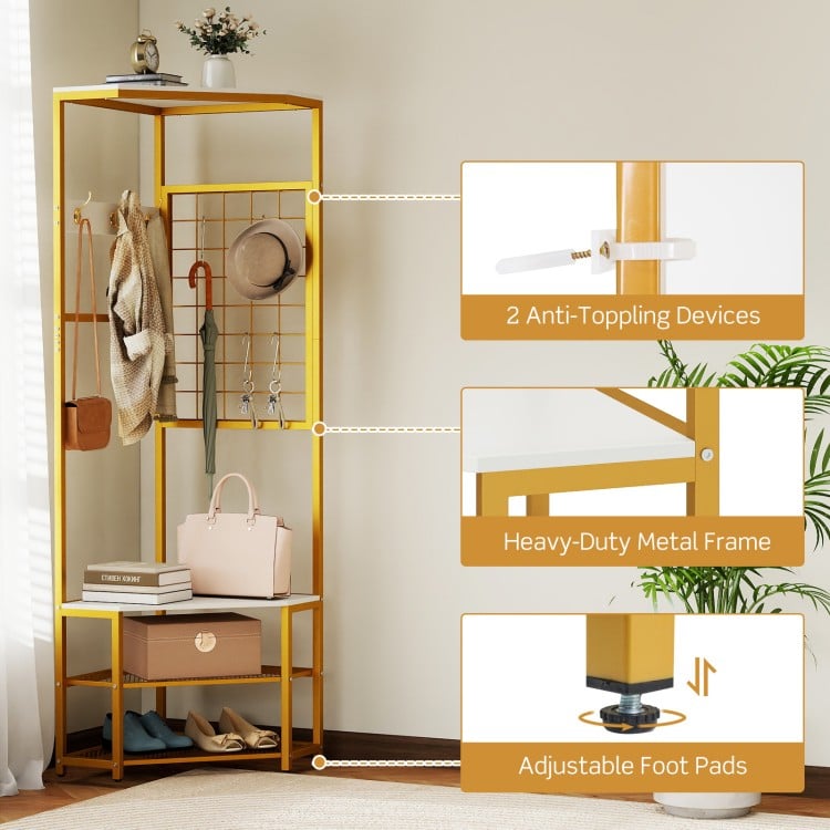 Corner Hall Tree Freestanding Coat Rack with Storage Shelves Removable Hooks-White