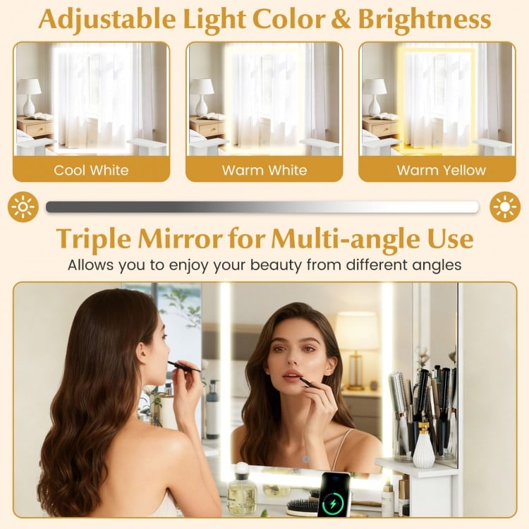 Corner Vanity Desk with Mirror and Lights Makeup Dressing Table with Triple Mirror-White