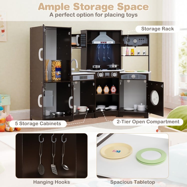 Corner Wooden Play Kitchen with Lights and Sounds Large Pretend Play Kitchen Set-Espresso