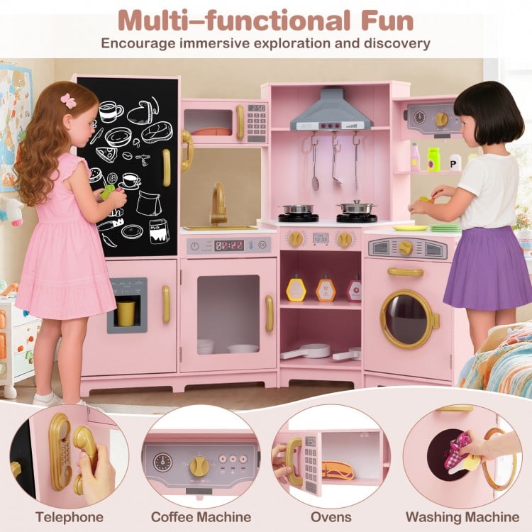 Corner Wooden Play Kitchen with Lights and Sounds Large Pretend Play Kitchen Set-Pink