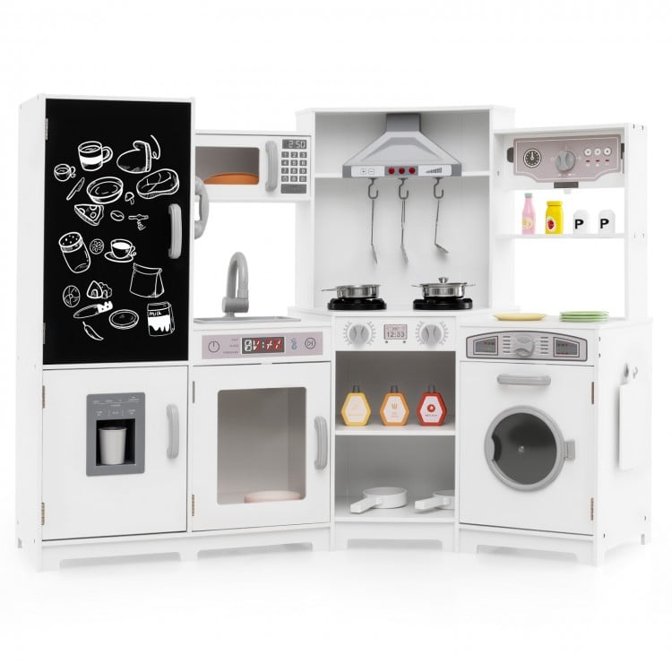 Corner Wooden Play Kitchen with Lights and Sounds Large Pretend Play Kitchen Set-White