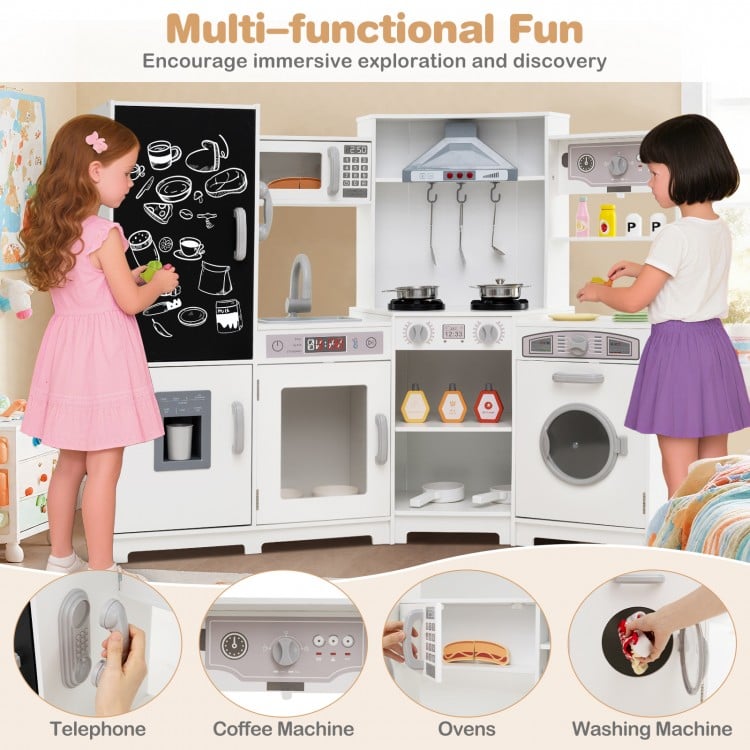 Corner Wooden Play Kitchen with Lights and Sounds Large Pretend Play Kitchen Set-White