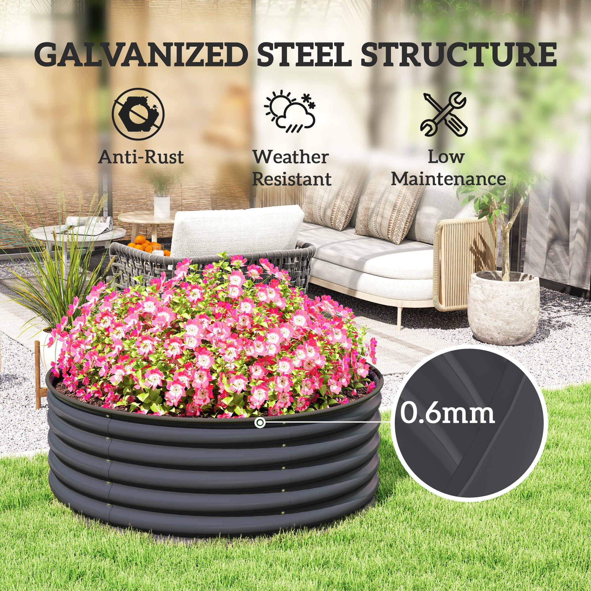 Outsunny Galvanized Raised Flower Bed, 4 x 4 x 1.5 ft Outdoor Metal Raised Bed with Safety Edging and Gloves, Dark Grey