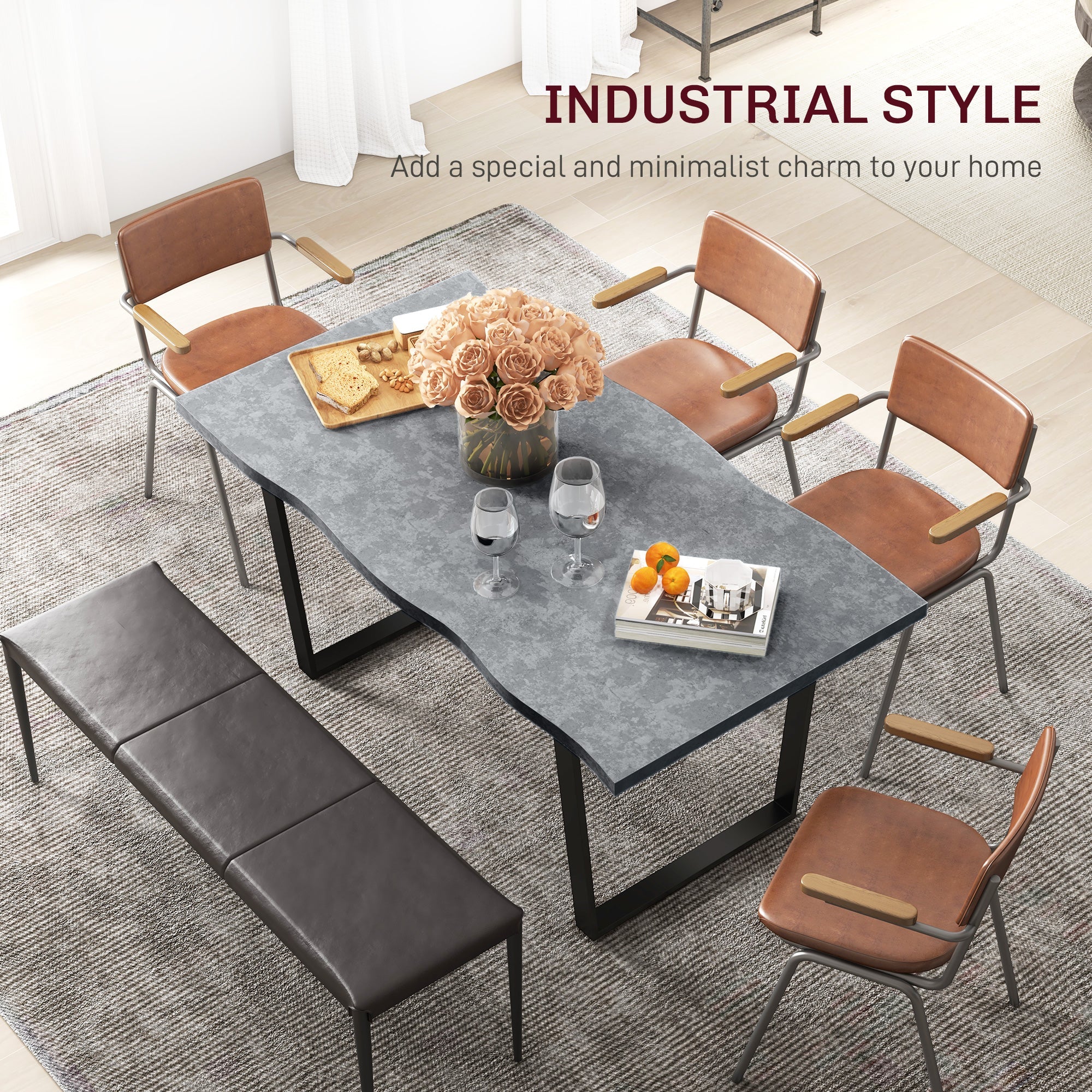 HOMCOM 63" Industrial Wave Edge Dining Table Steel Legs for 6 People Cement Grey