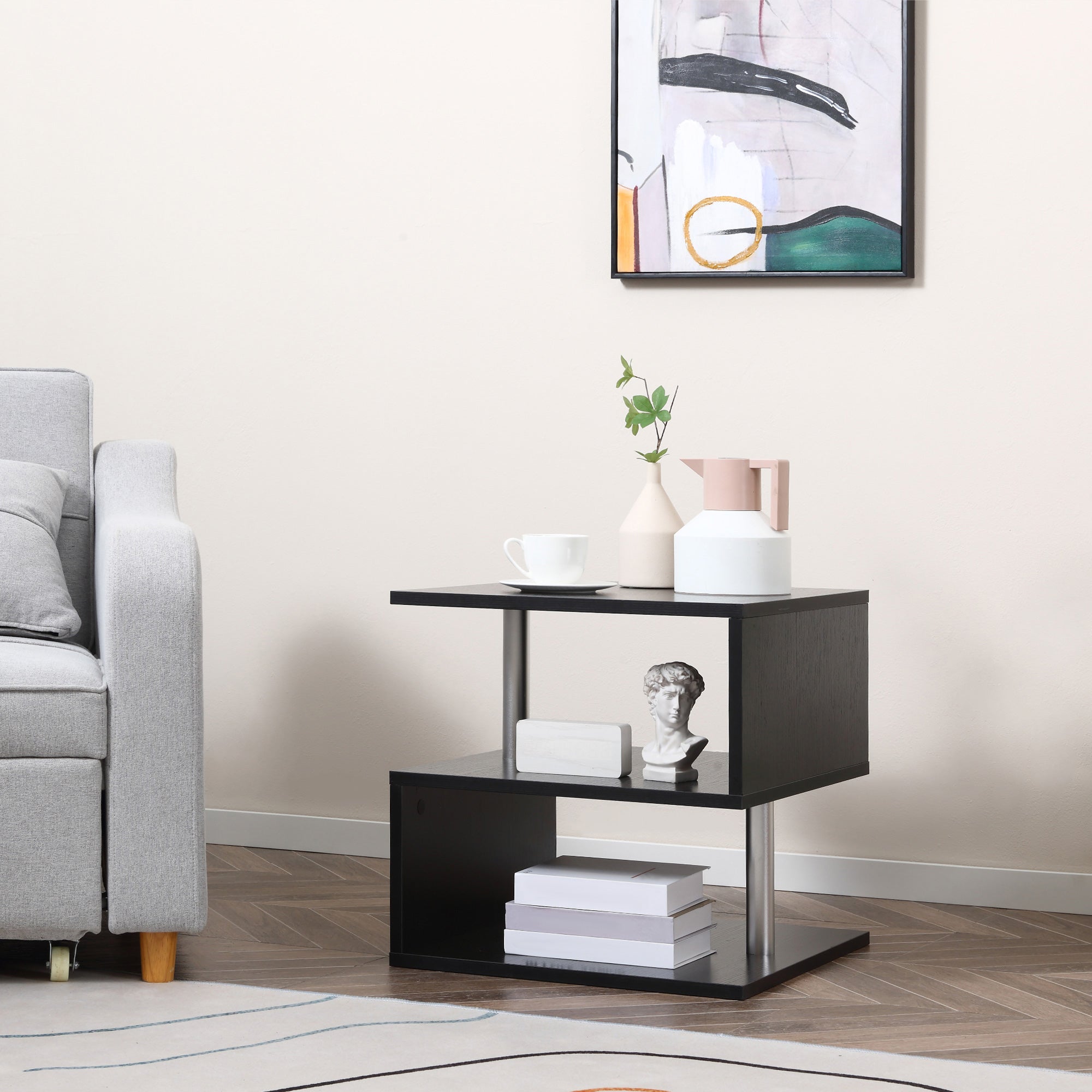 HOMCOM S-Shaped Side Table: 3-Tier Black Storage Shelves & Versatile Coffee Table Design