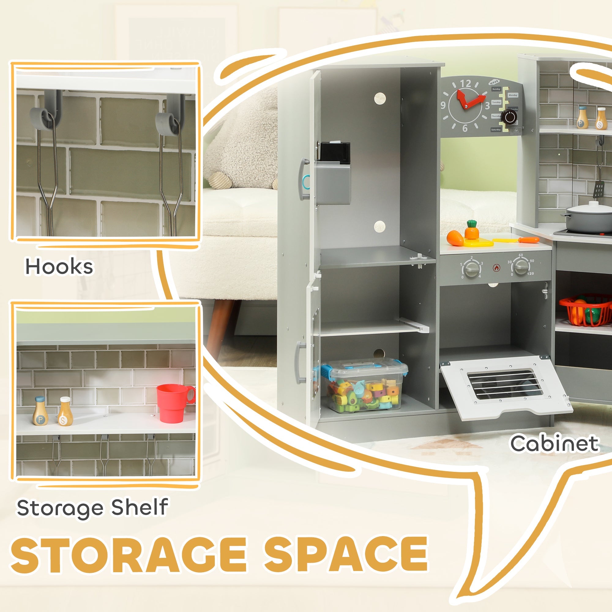 Qaba Corner Play Kitchen, Pretend Play Kitchen Set with Lights & Sounds, Stove Ice Maker Microwave Oven