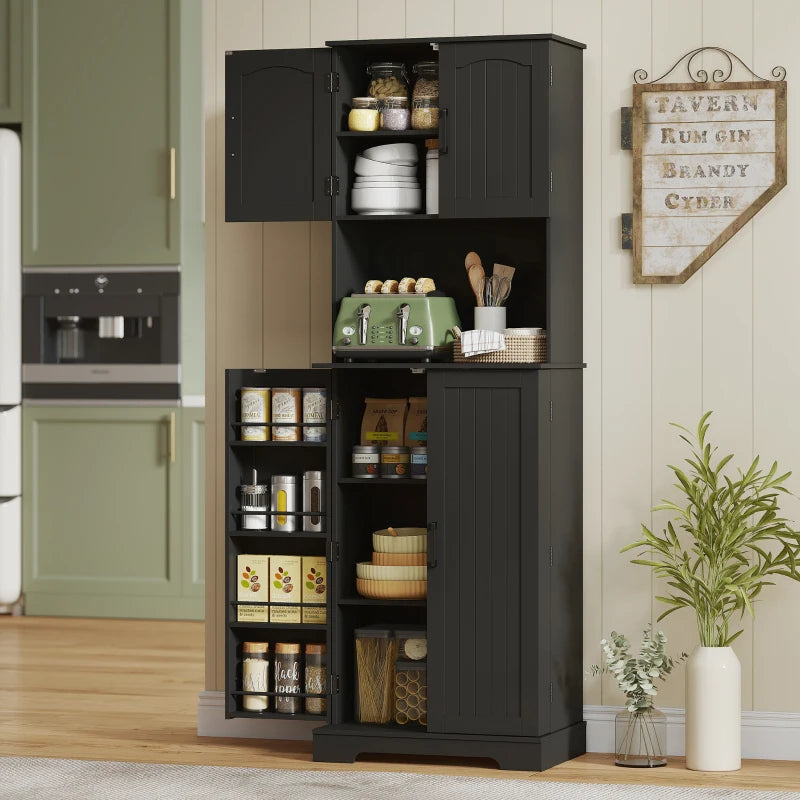 71.5" Tall Pantry Cabinet, Farmhouse Kitchen Storage Cabinet with Adjustable Shelves, 8 Door Spice Racks, Black