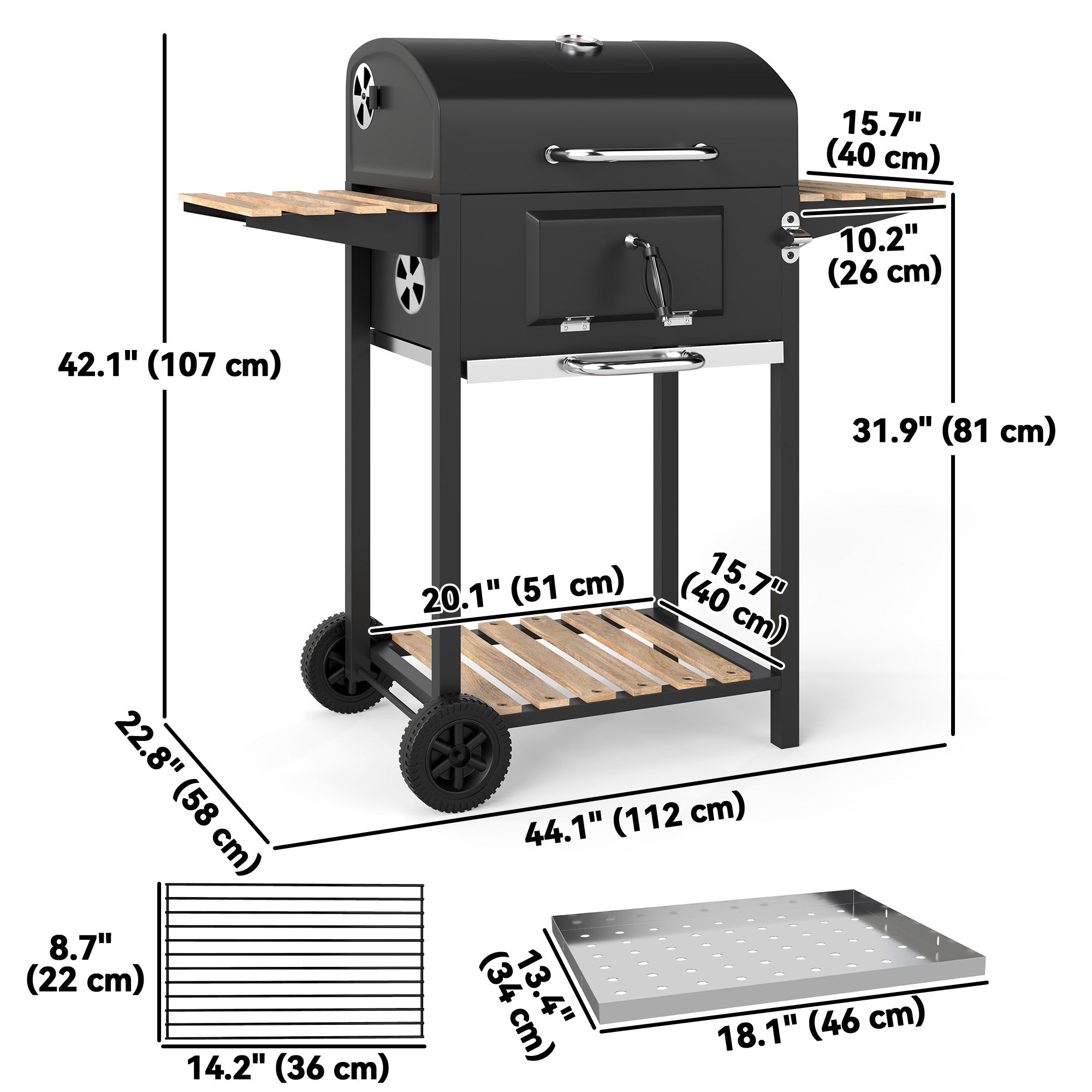 Outsunny 20" Charcoal BBQ Grill Barbecue on Wheels with Adjustable Charcoal Pan, Spacious Cooking Area, 3 Shelves, Thermometer
