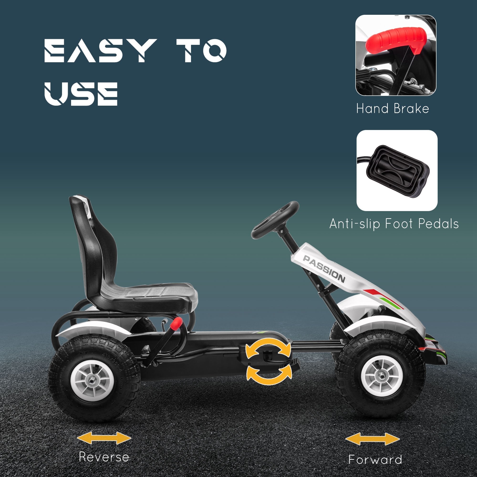 Aosom Kids Pedal Go Kart, White Pedal Car with Adjustable Seat, Handbrake, Rubber Wheels for Ages 5-12 - Active Play