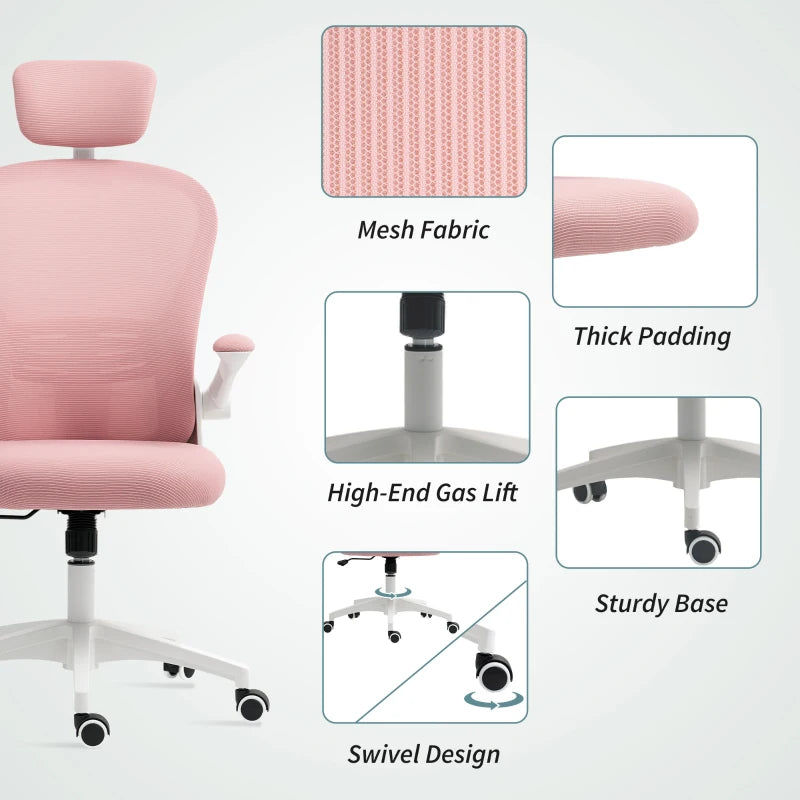 Office Chair, Mesh Computer Desk Chair with Adjustable Headrest, 4D Lumbar Support, Flip-up Arm, Pink