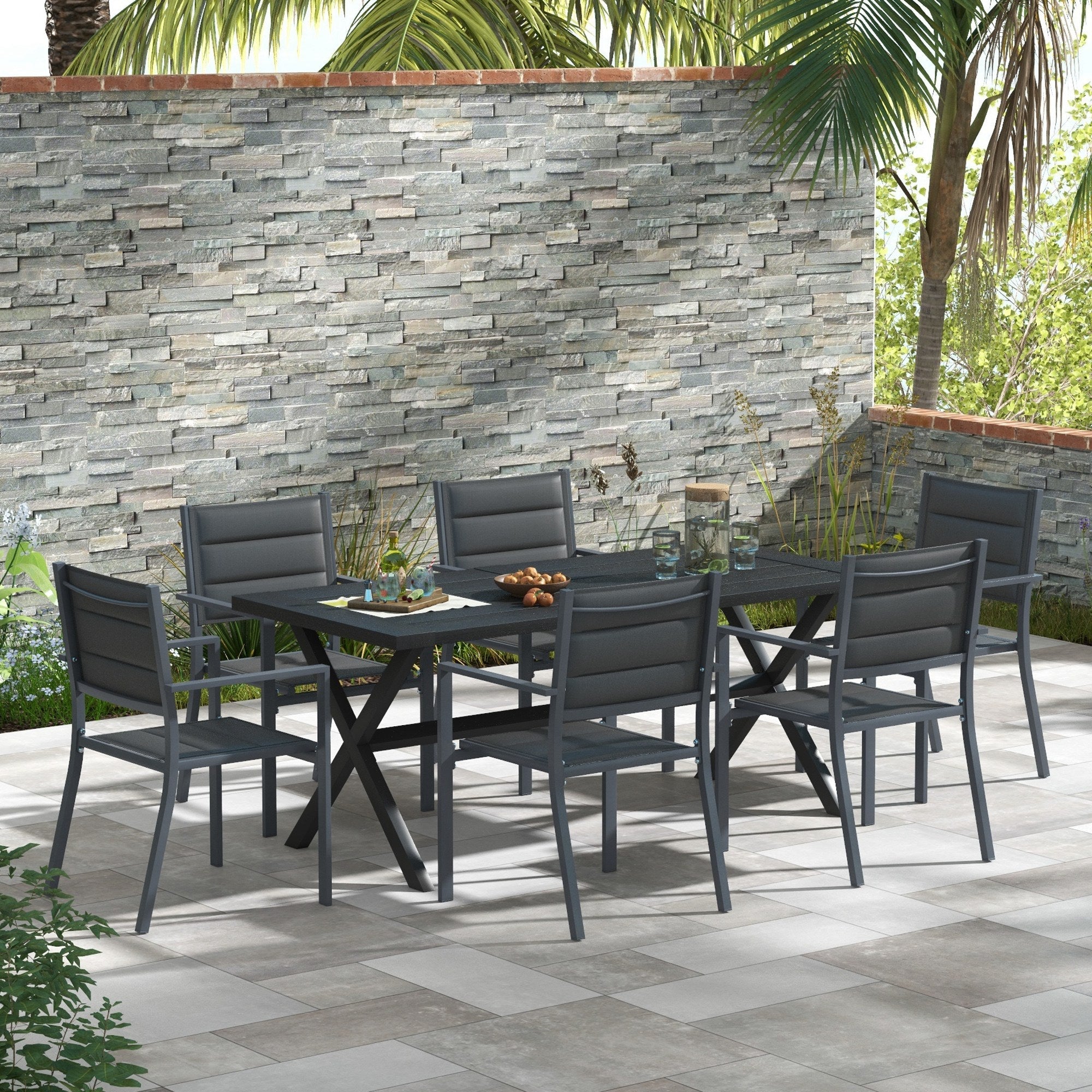 Outsunny 71" Outdoor Dining Table with X Shape Legs, Aluminium Frame Rectangular Darden Table for 4, for Backyard, Black