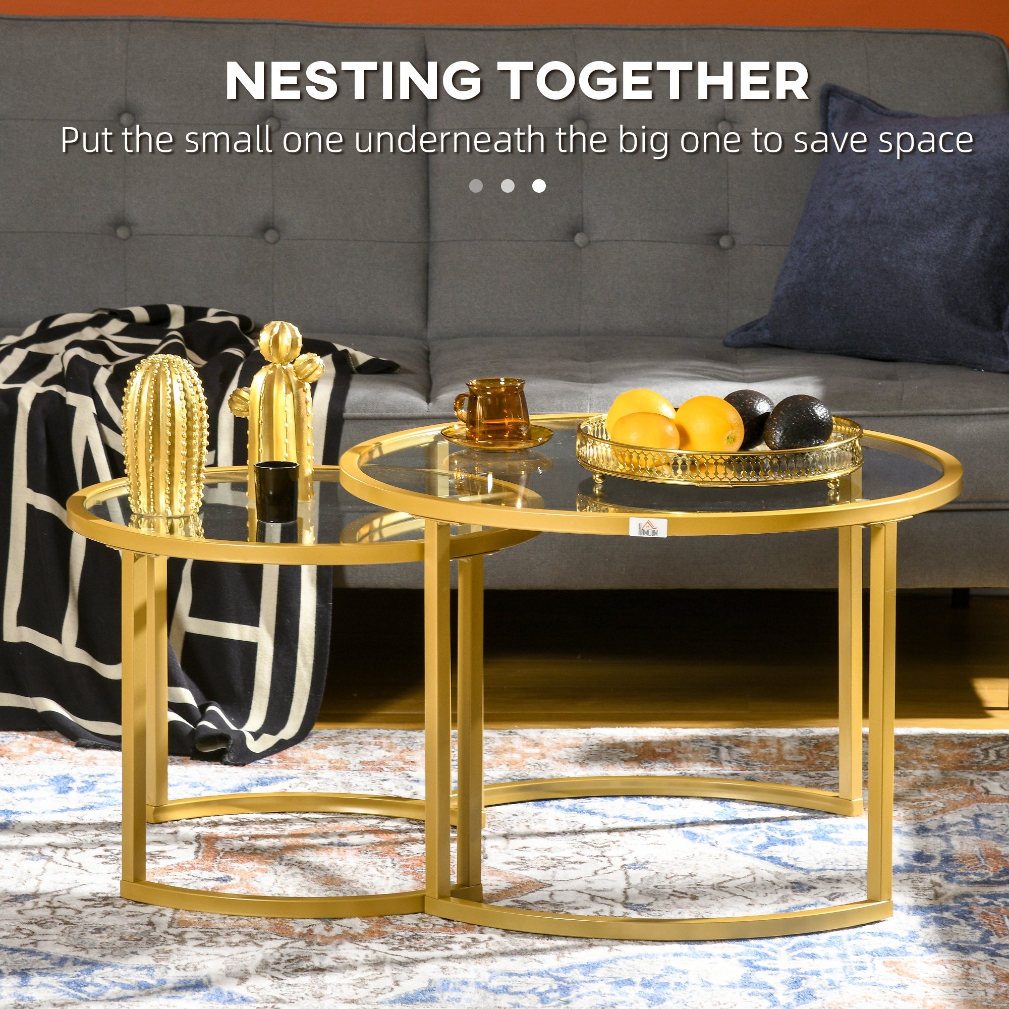 Homcom Gold Round Nesting Tables: Set of 2 with Tempered Glass Top & Steel Frame for Modern Living Room