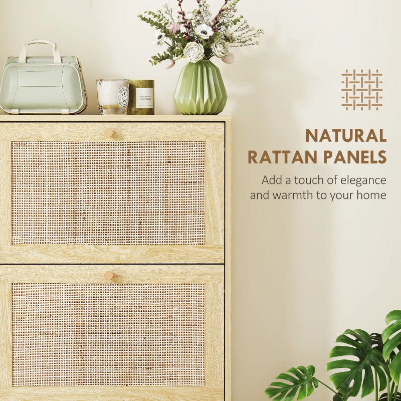 Rattan Shoe Storage Cabinet with 3 Flip Drawers and Adjustable Shelves, Entryway Shoe Cabinet for 18 Pairs, Oak