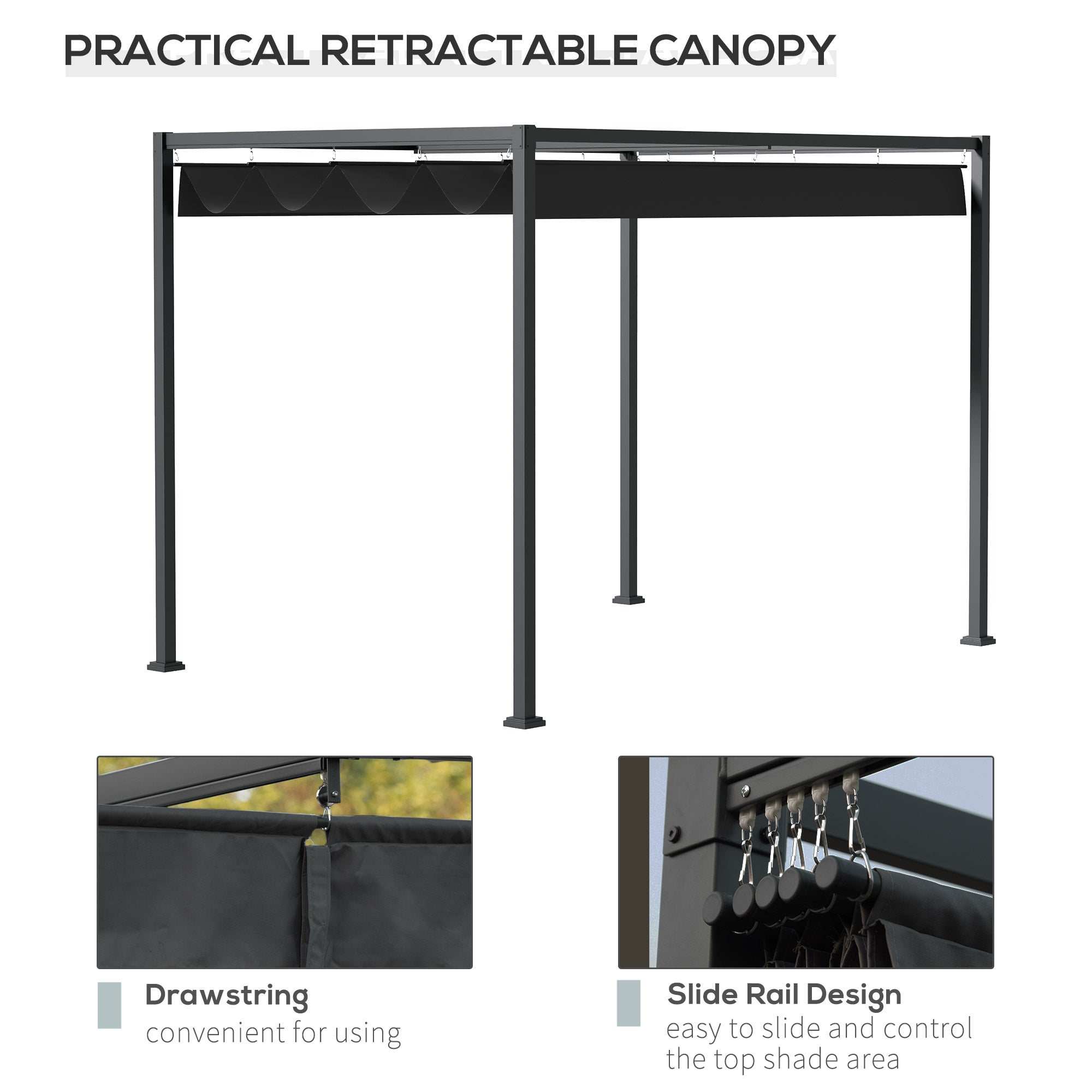 Outsunny Pergola Metal Gazebo 10'x7' Shade Shelter with Retractable Canopy Outdoor Deck Black