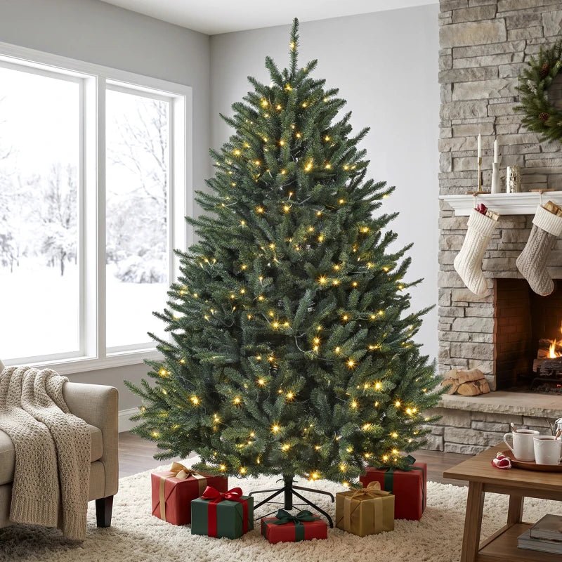 HOMCOM 6ft Prelit Christmas Tree, Colorado Blue Spruce, Easy Plug, Hinged Xmas Tree with Warm White & Multi-Color LED Lights