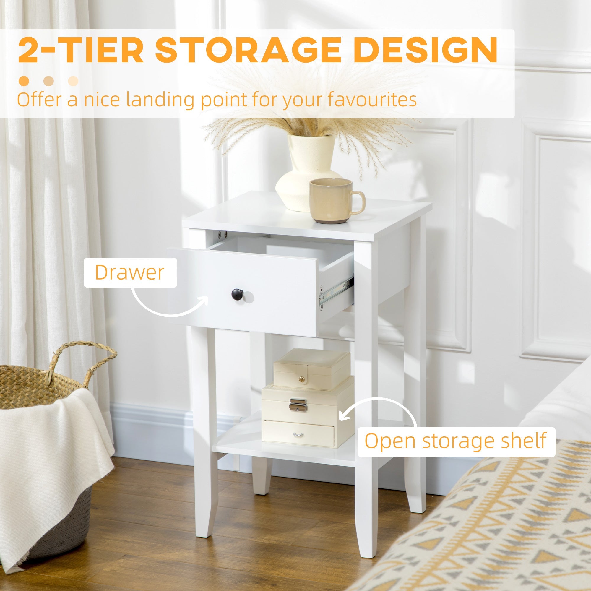 HOMCOM Contemporary 2-Tier Table: Side End Table with Drawer and Bottom Shelf for Living Room, Bedroom, Crisp White