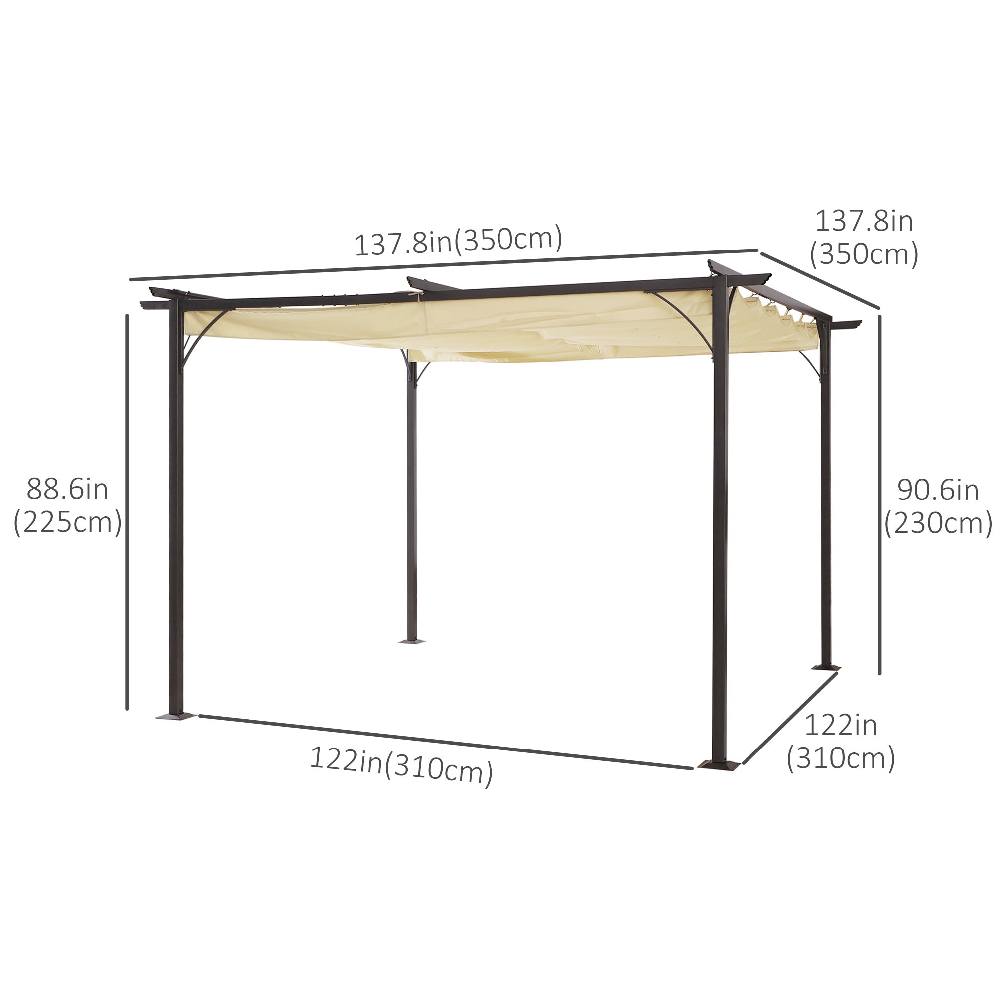 Outsunny 11.5' Pergola Retractable Gazebo Shade Deck Shelter with Steel Frame, Polyester Square Canopy, Beige
