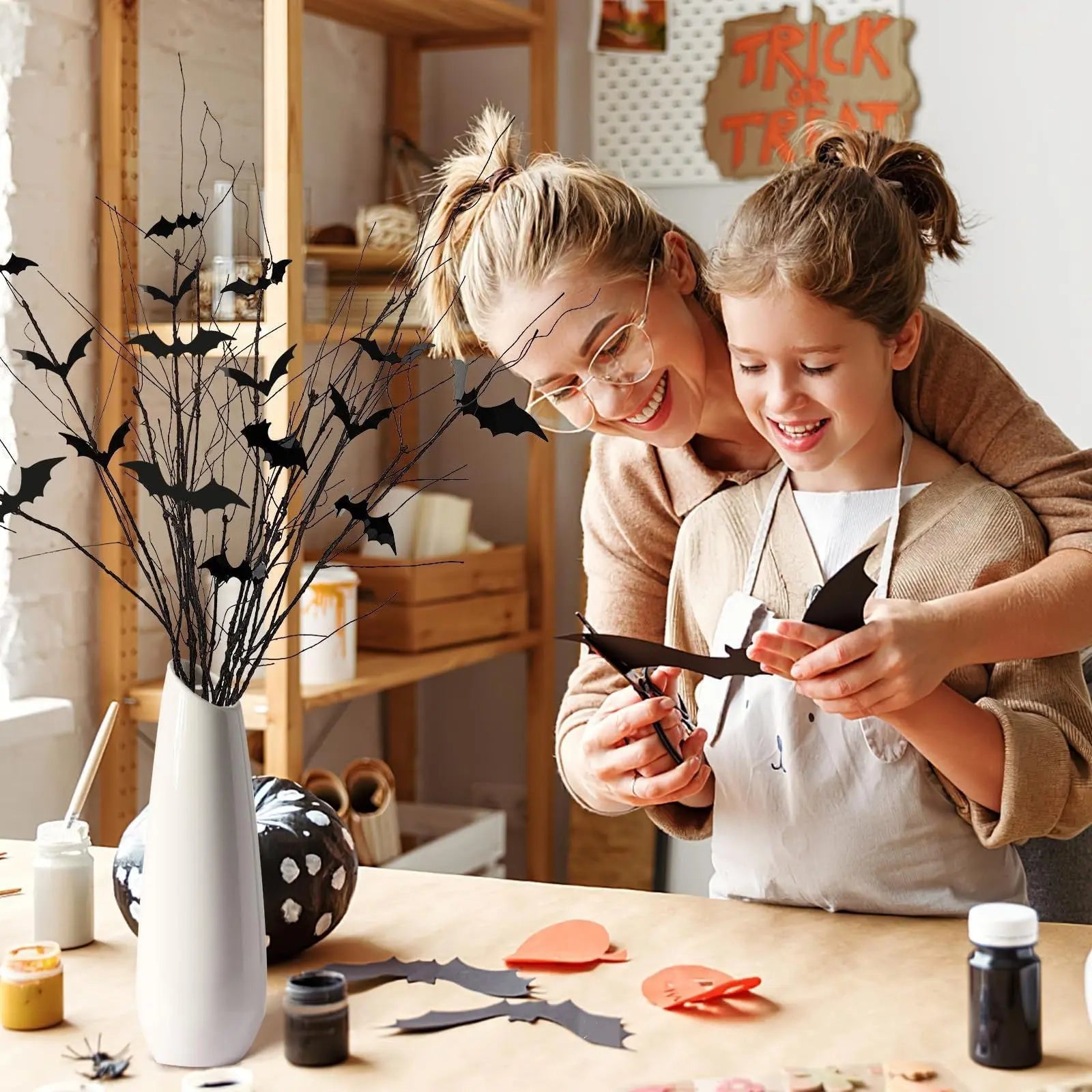 Curly Willow Branches 29.5 Inch Artificial Bendable Stems Black Branches With 36Pcs Halloween Bat Stickers For Halloween Wreath Home Party Decorations--Cannot Be Listed On Amazon Platform