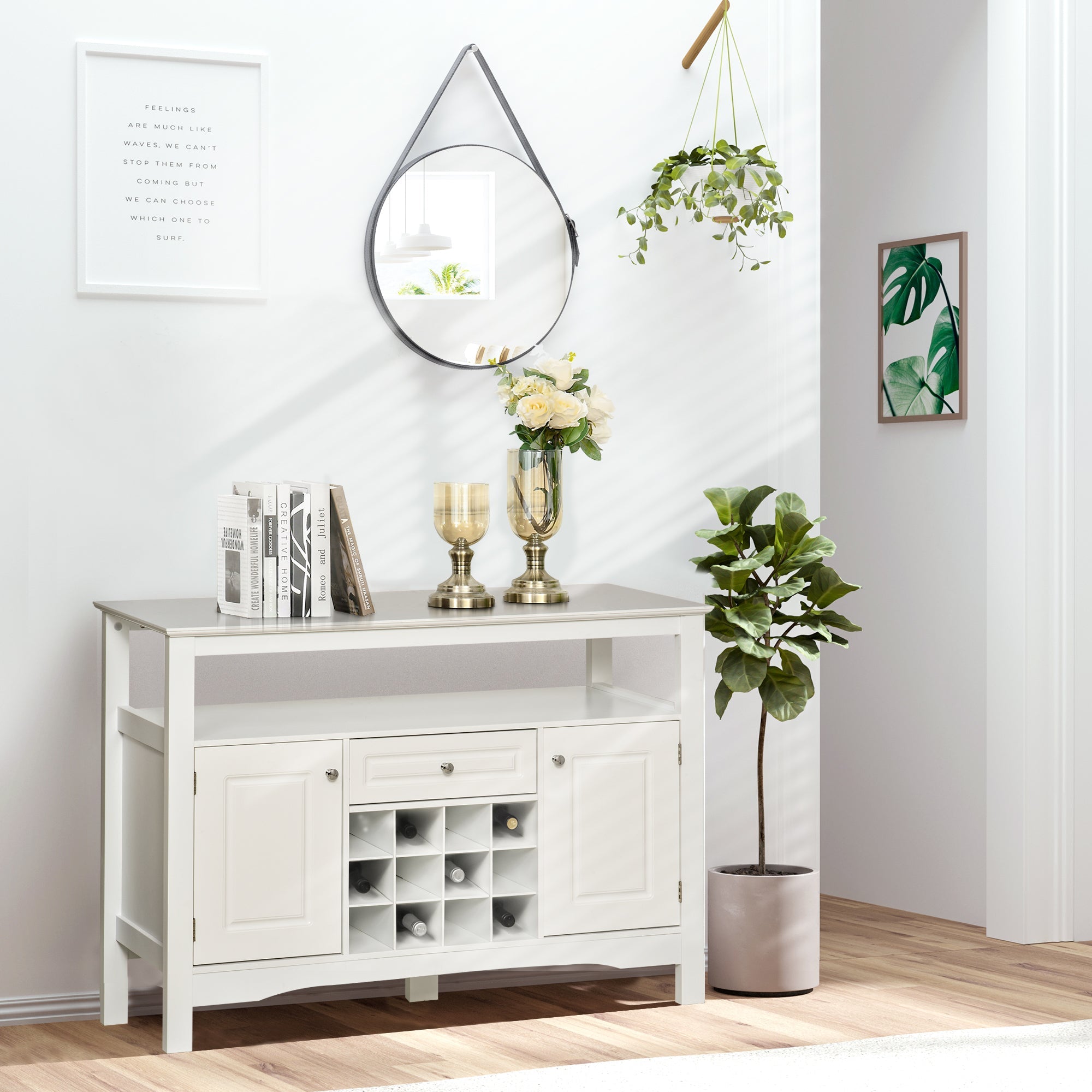 HOMCOM White Buffet Credenza: Sideboard Bar Cabinet Storage Cabinet with Drawer for Kitchen, Living Room, Bright White