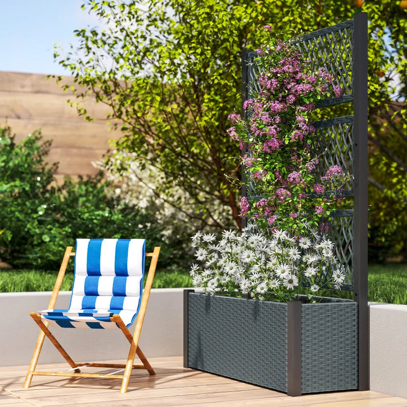 Wicker Outdoor Planter with Trellis, 58" Standing Garden Bed with Liner, Drainage Holes for Climbing Plants, Dark Grey