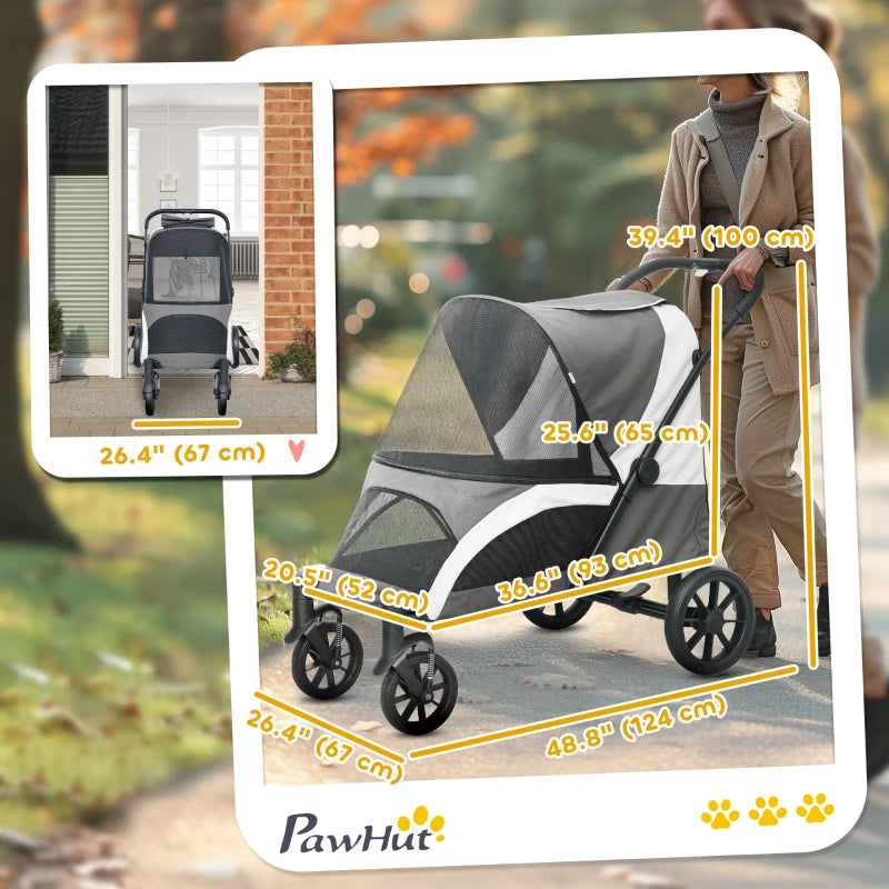 Foldable Pet Stroller for Large Dogs with Four Big Wheels, Shock-Absorbing Frame, Safety Leashes, Brakes, Dark Grey