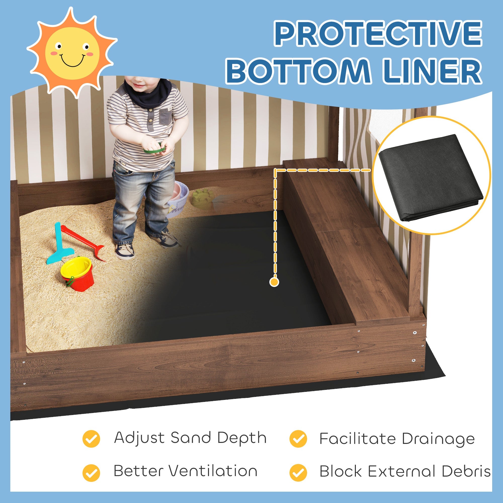 Qaba Kids Sandbox with Full Covered Canopy, Bench Seats, Bottom Liner, for Ages 3-6, 56" x 40" x 52", Brown