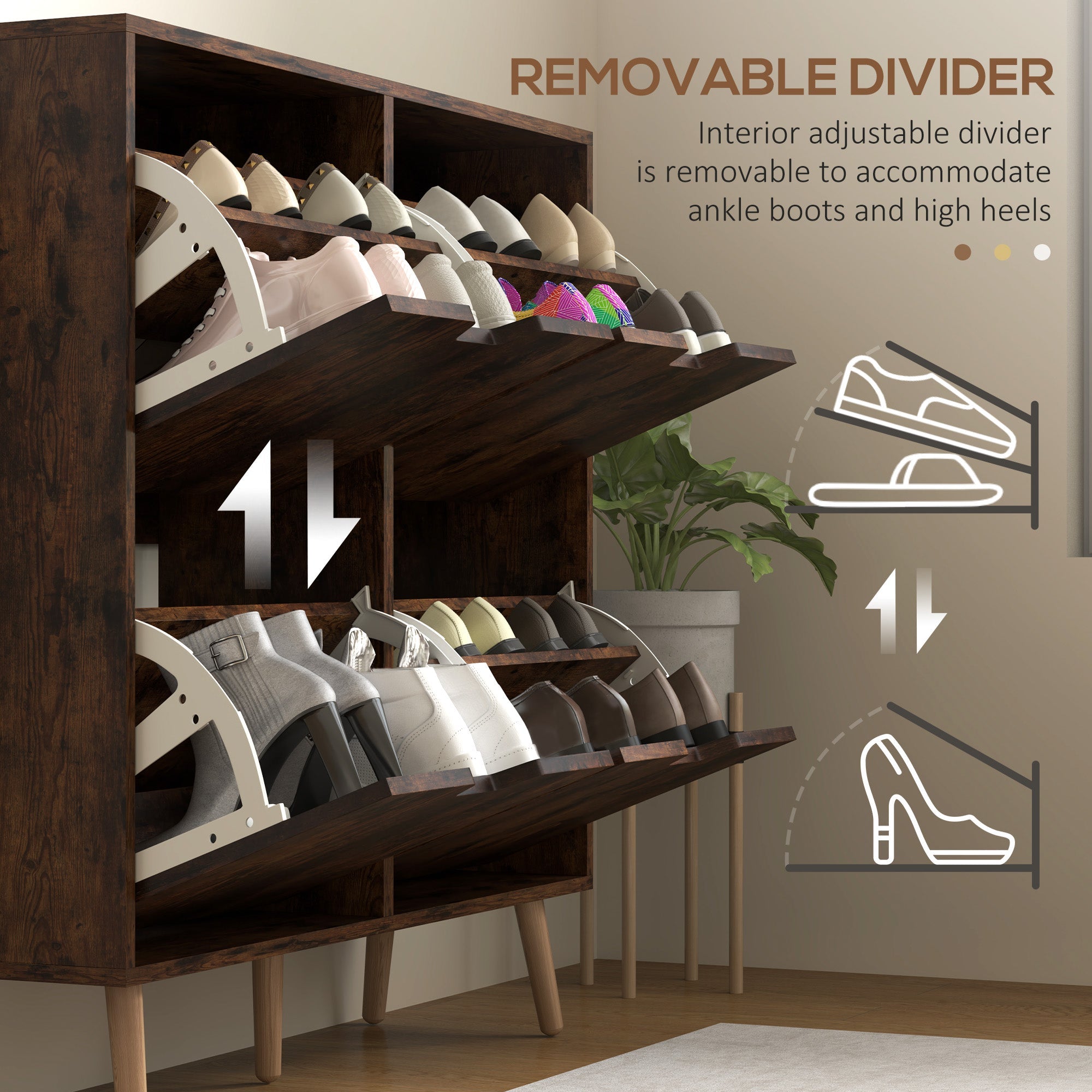 HOMCOM Shoe Storage Cabinet with 4 Flip Drawers and Adjustable Shelf, Shoe Cabinet for 16 Pairs of Shoes, Rustic Brown