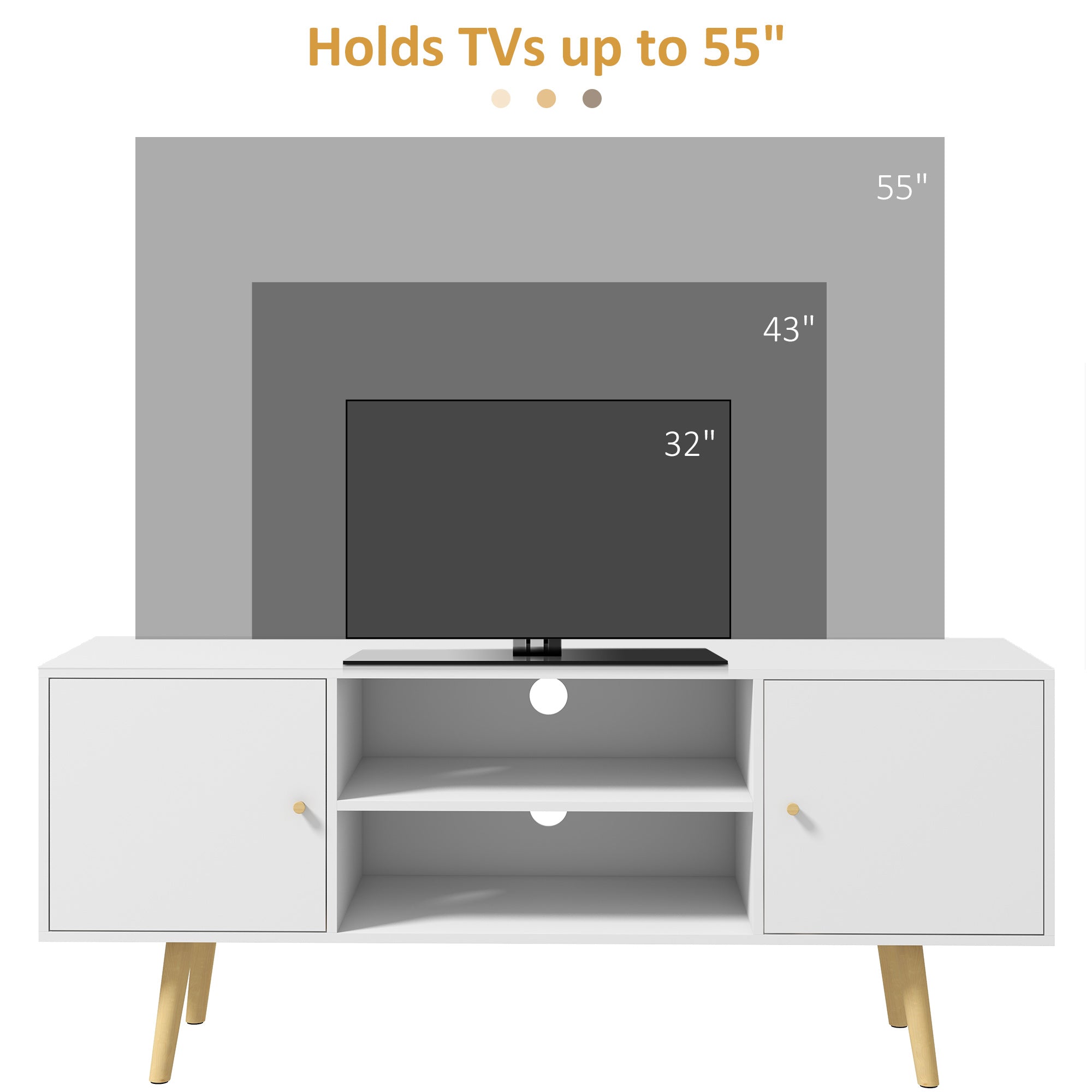 HOMCOM Elegant Media Showcase: White TV Stand for 55" TVs, Entertainment Unit with Storage Shelves, Wood Legs for Living Room
