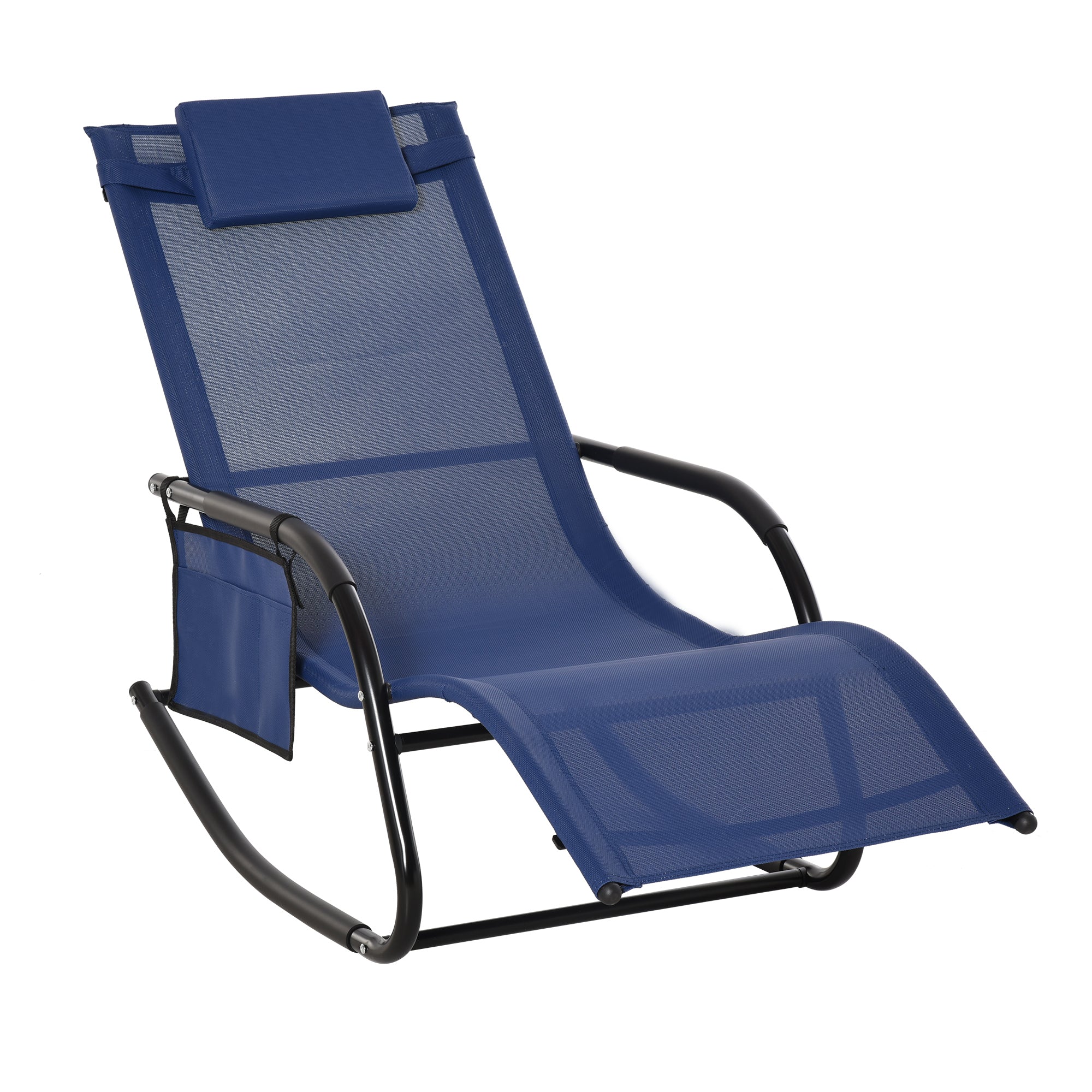 Outsunny Outdoor Rocking Recliner, Sling Sun Lounger with Removable Headrest and Side Pocket for Garden, Patio and Deck, Blue