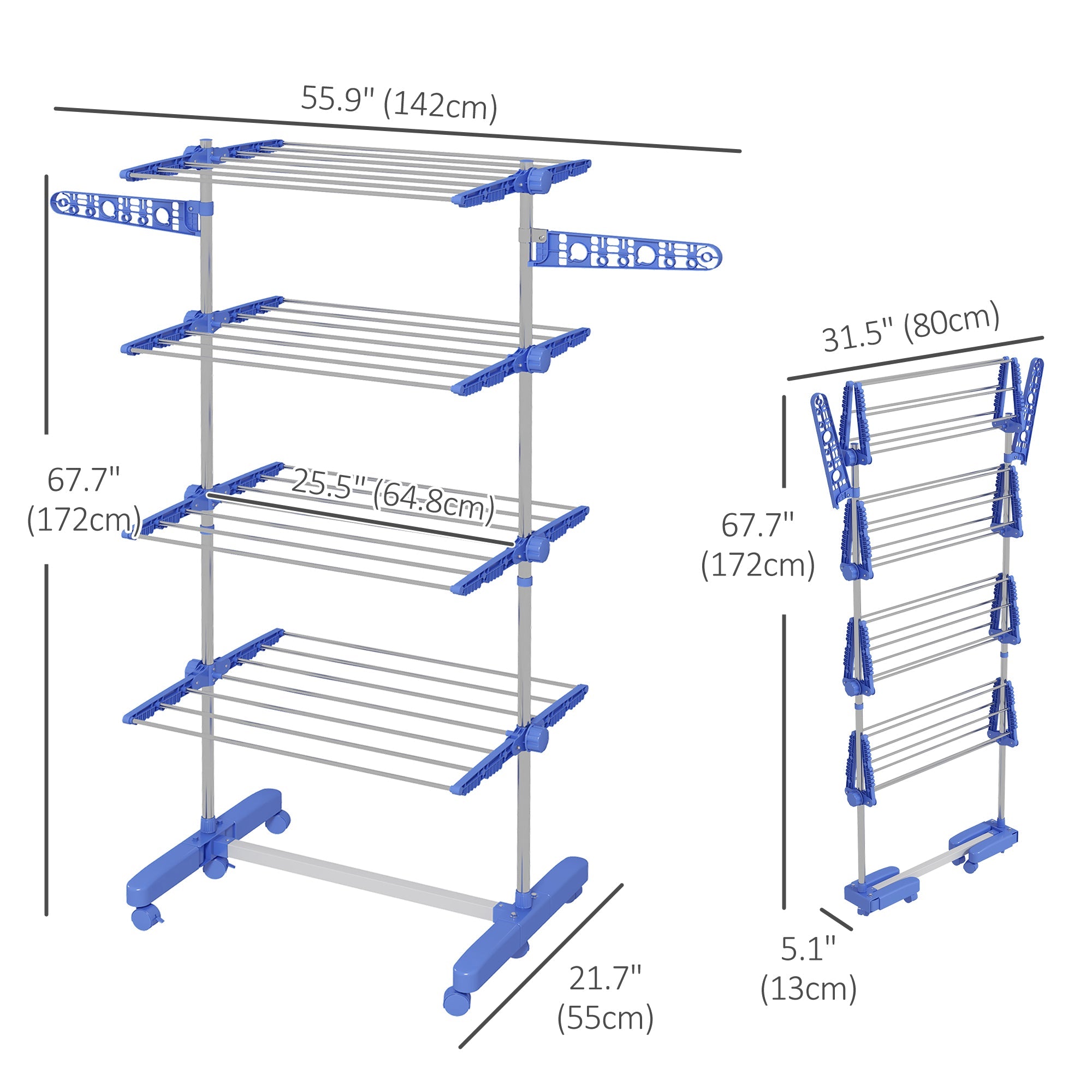 HOMCOM Garment Drying Rack Stainless Steel Folding Clothes Hanging Rack with Side Wings Castors for Indoor Outdoor Blue