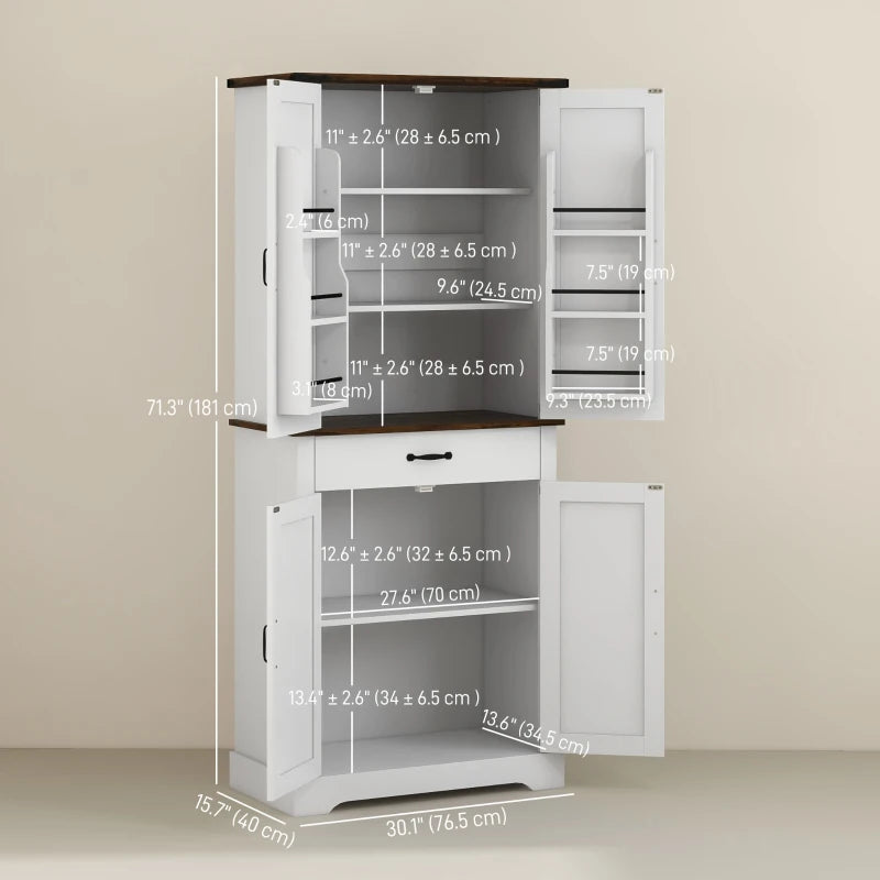 71" Tall Kitchen Cabinet, Farmhouse Pantry Cabinet with Barn Doors, Drawer and Adjustable Shelves, White