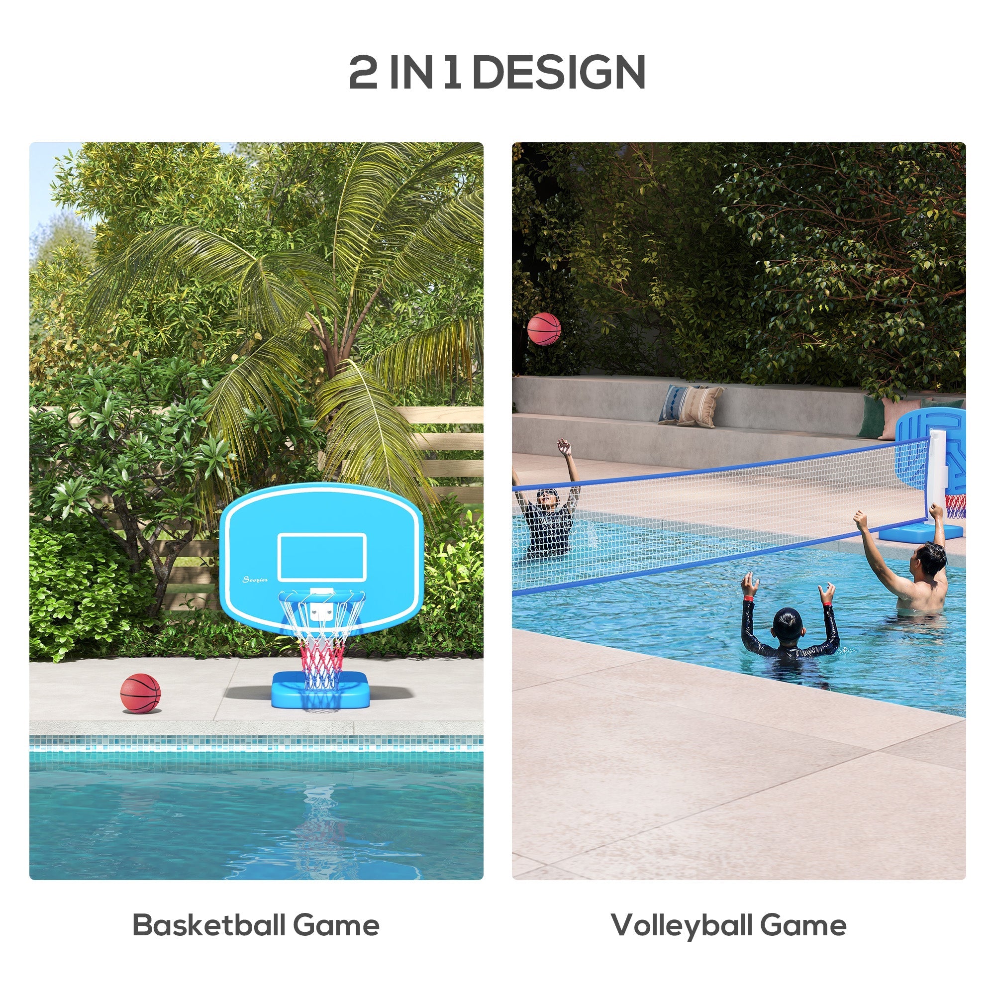 Soozier 2-in-1 Pool Basketball Hoop Poolside & Volleyball Set, Portable Basketball Hoop with Fillable Base