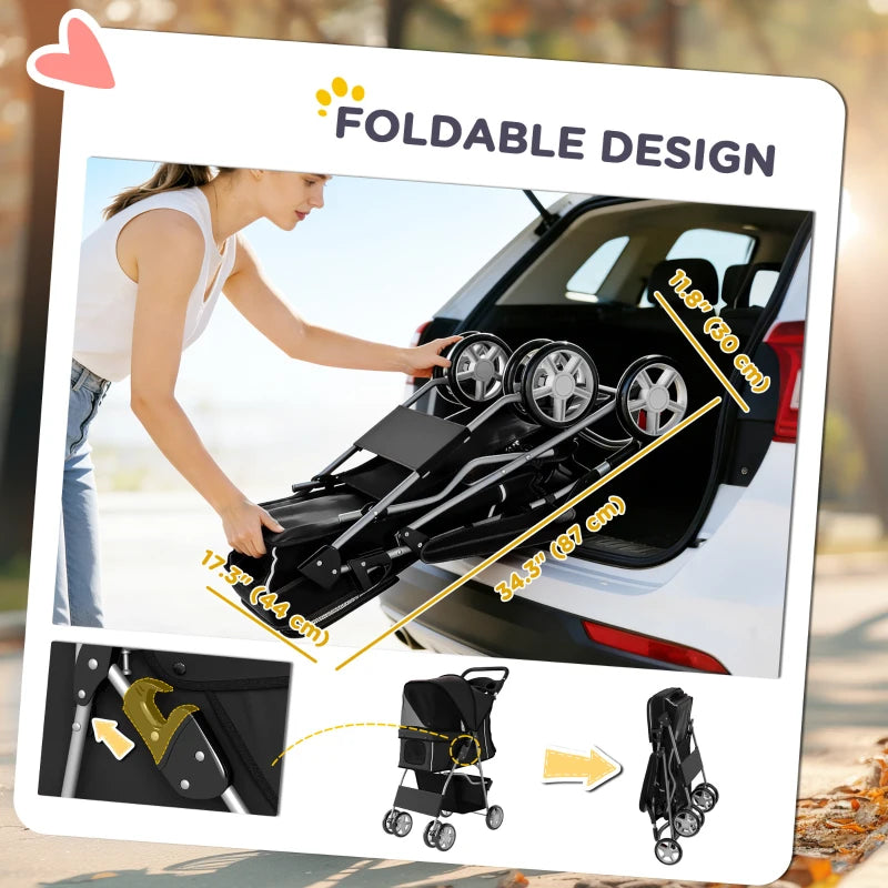 Pet Stroller with Reflective Strips, Foldable Cat Stroller with 360° Swivel Wheels for Small Dogs and Cats, Black