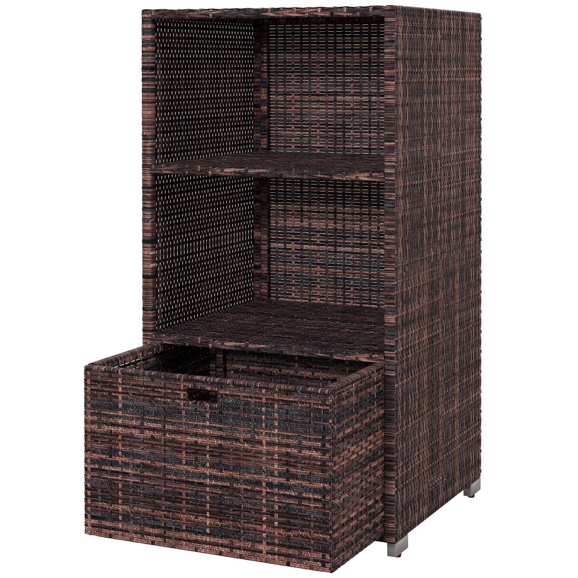 Outsunny Patio Storage Cabinet Rattan Wicker Outdoor Box Rack w/ 2 Shelf 1 Drawer Mixed Brown