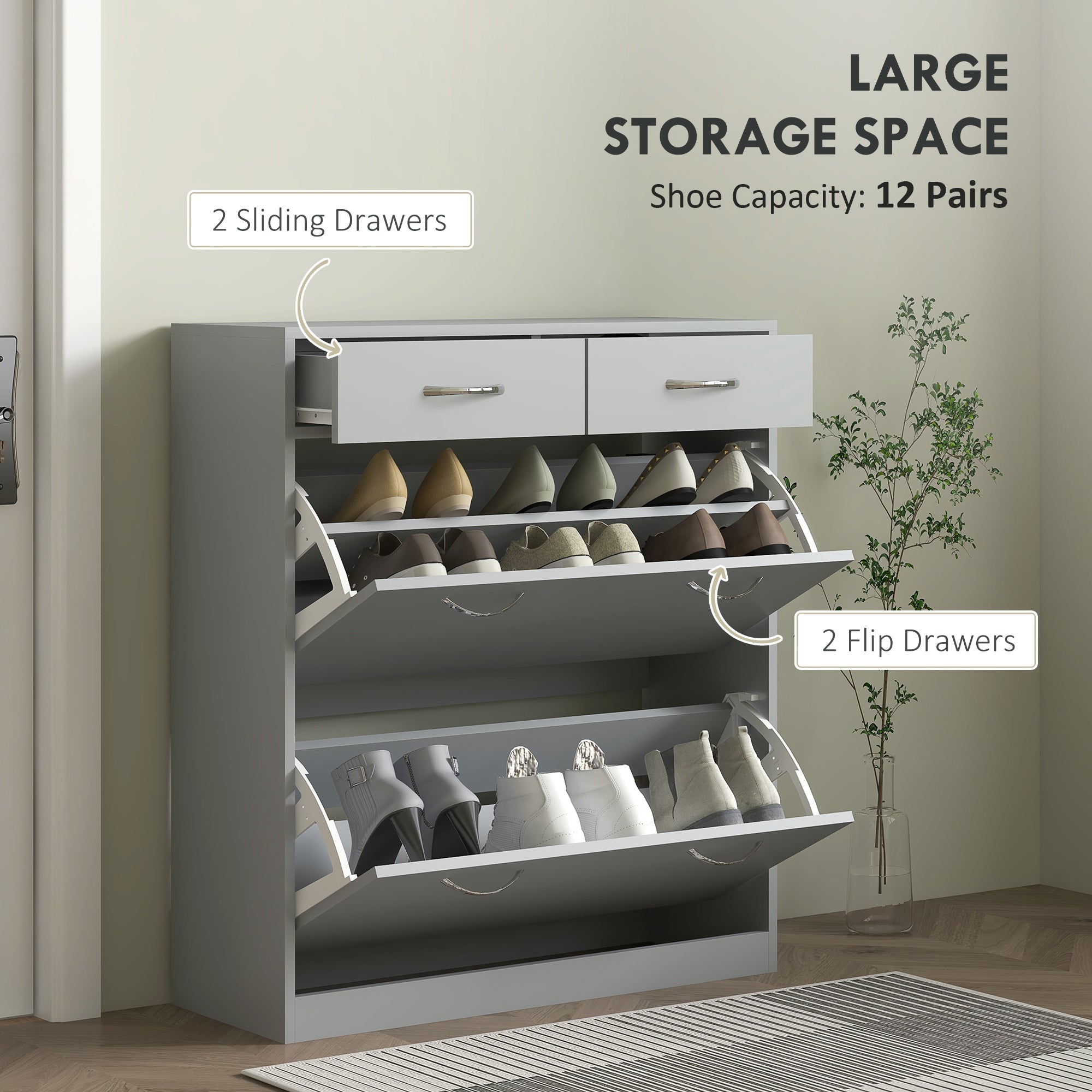 HOMCOM Narrow Shoe Storage with 2 Flip Drawers and Adjustable Shelves Shoe Organizer Cabinet for 12 Pairs of Shoes, Grey