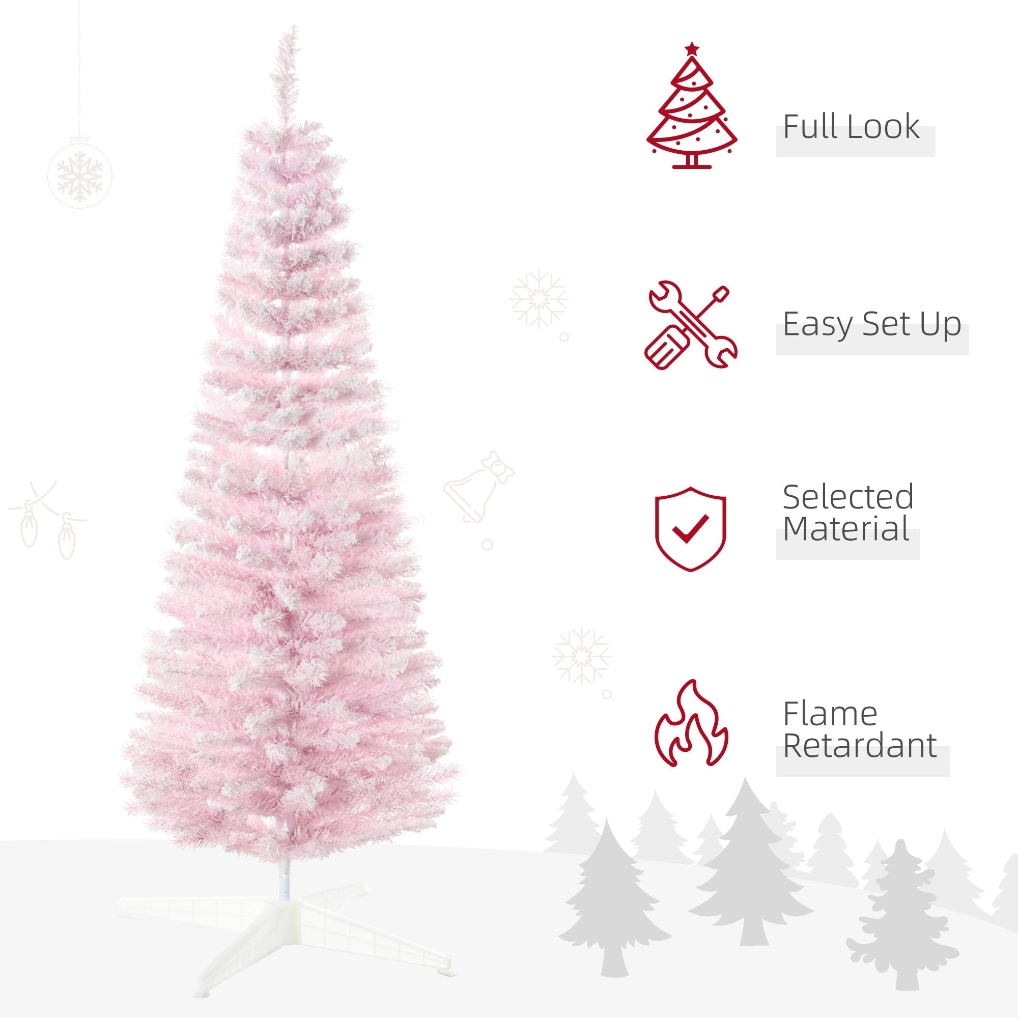 HOMCOM 5ft Flocked Christmas Tree, Pencil Artificial Christmas Tree with Realistic Branches, Pink