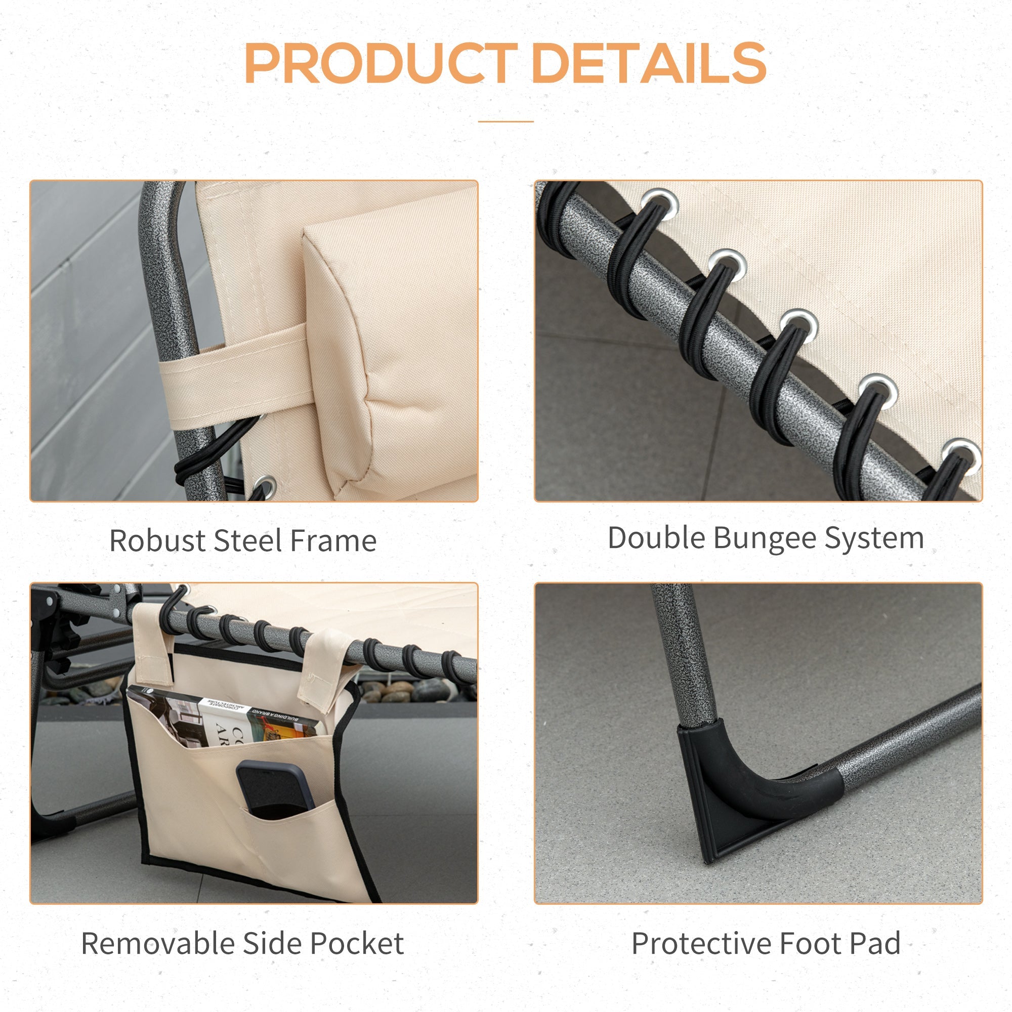 Outsunny Outdoor Folding Chaise Lounge Chair Padded Recliner 5-Position Adjustable Backrest Beige
