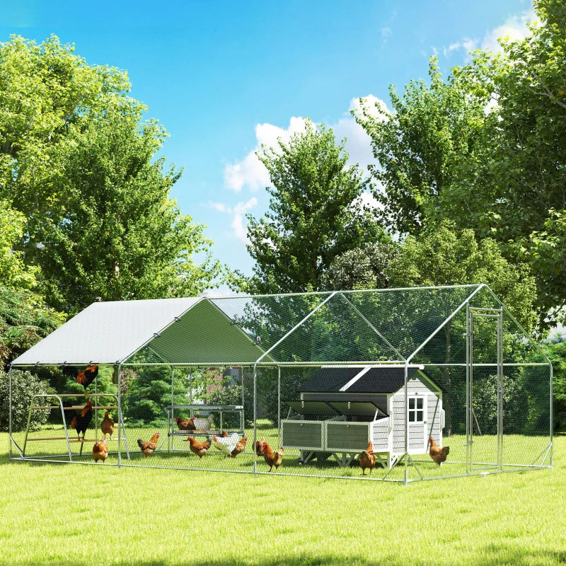 Metal Chicken Coop Run w/ Waterproof Cover, Nesting Box, Roosting Bars, for Outdoor Backyard, 9.8 x 19.7 x 6.4 ft