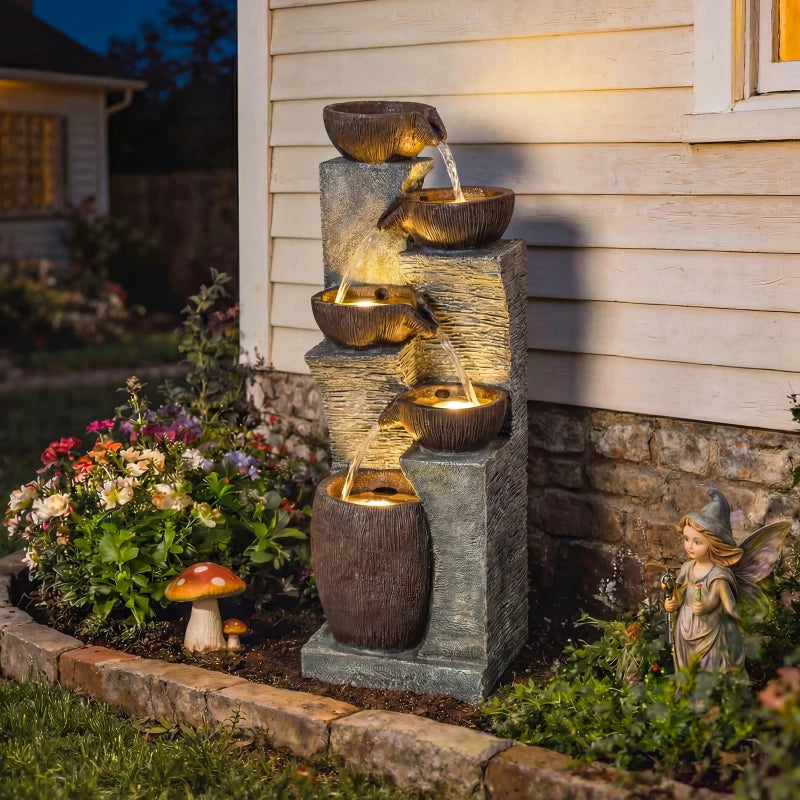 Outdoor Cascading Rock Water Fountain, 5-Tier Waterfall Feature with LED Lights, Adjustable Flow, Grey and Rustic Brown