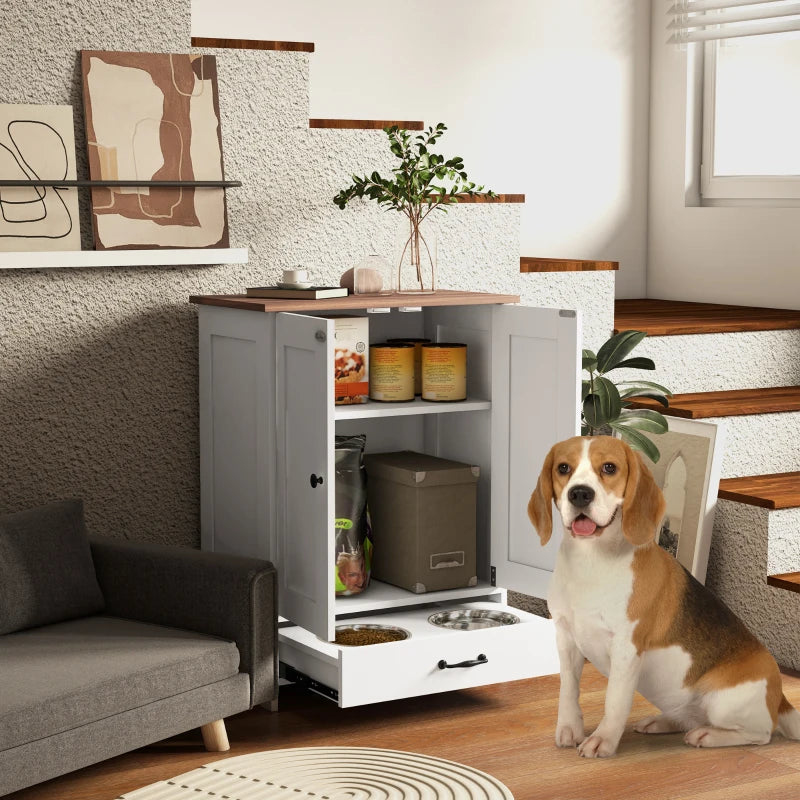 Pet Food Storage Container Dog Feeding Station w/ Adjustable Panel, Hooks, for Medium Sized Dogs, White