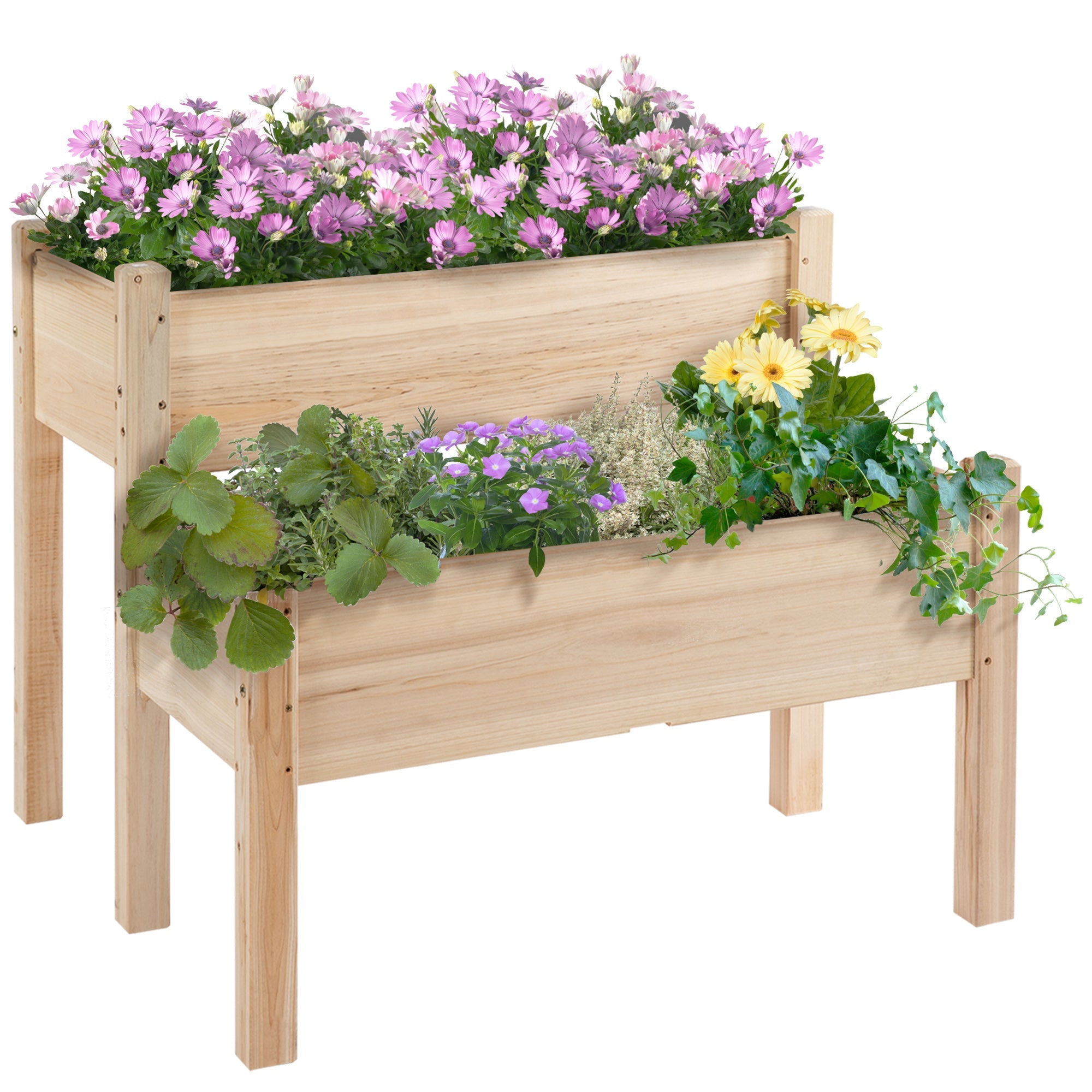 Outsunny 34"x34"x28" Wooden 2-Tier Raised Garden Bed Planter Box for Vegetables, Herbs, Flowers, Backyard, Patio, in Natural Wood