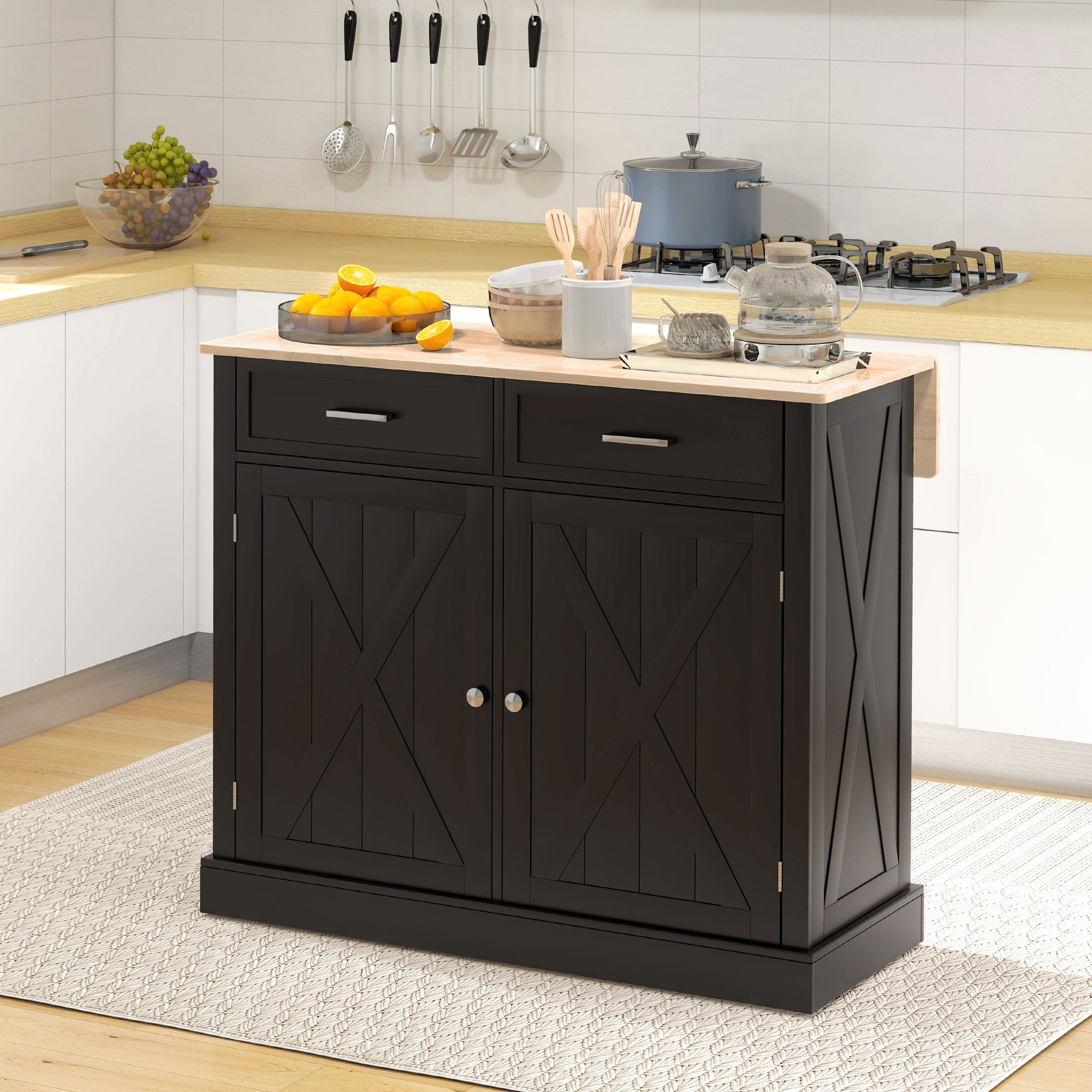HOMCOM Ebony Culinary Companion: Black Kitchen Island with Beadboard, Rubberwood Cart, 2 Drawers, Adjustable Shelves for Storage