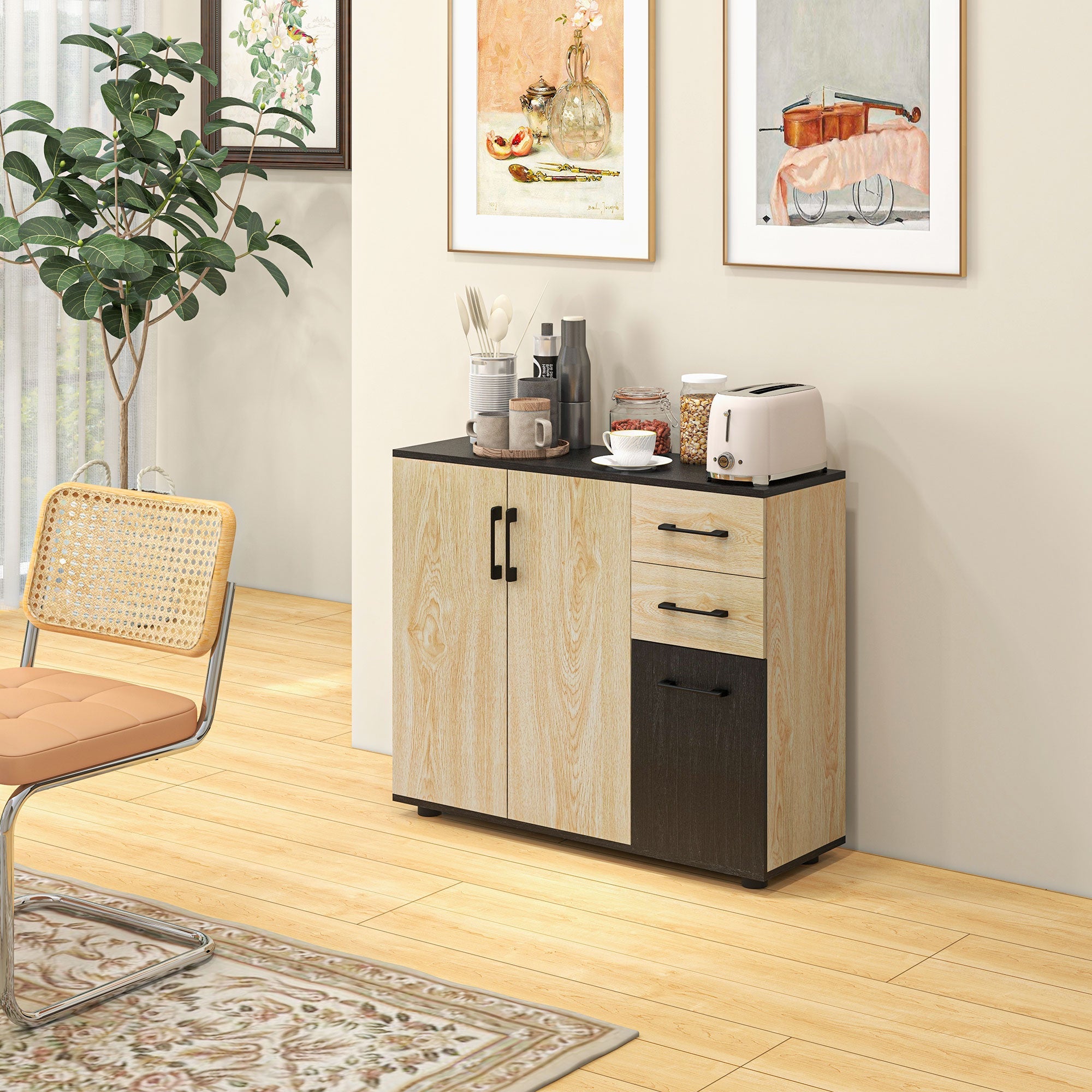 HOMCOM Contemporary Chic Storage: Freestanding Sideboard Cabinet, 3 Doors, 2 Drawers, Adjustable Shelf, Walnut Black Finish