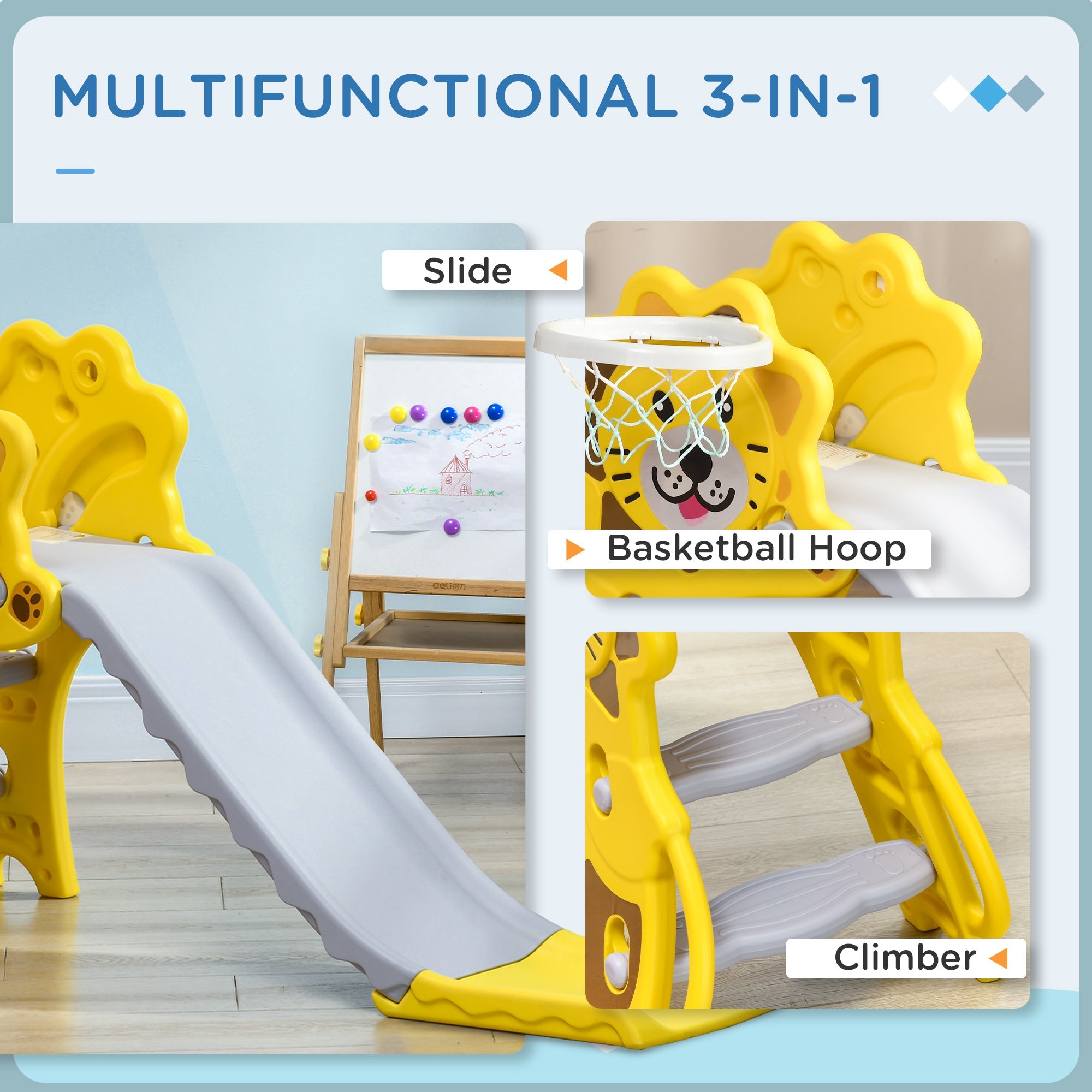 Qaba 2-in-1 Toddler Slide and Basketball Hoop Playset for Kids 18-36 Months Indoor Activity Yellow
