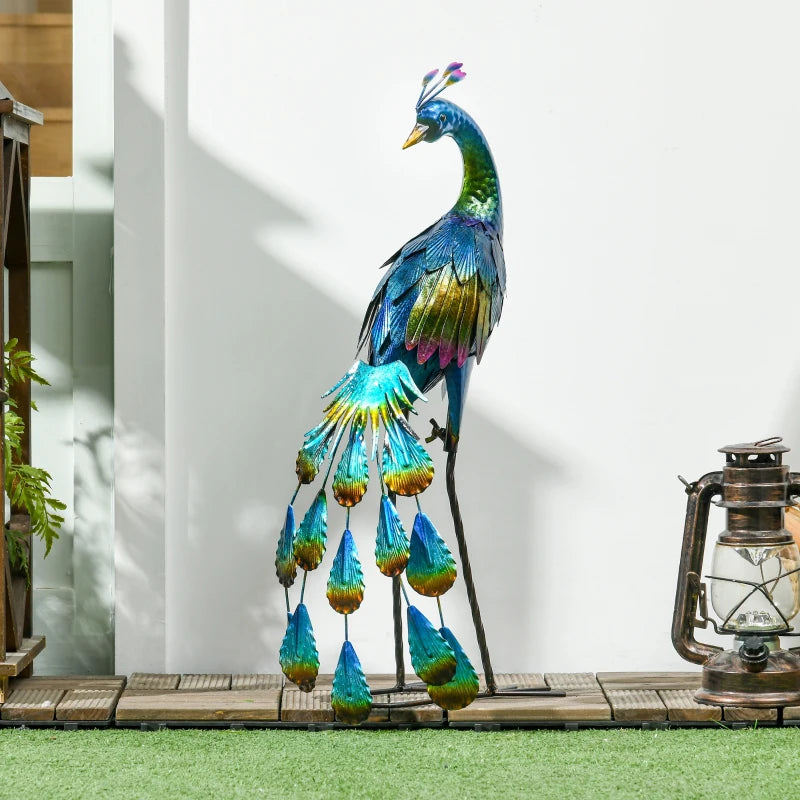 Peacock Garden Statue Lawn Ornament Steel Garden Decor Bird Statue with Stakes 9.8" W x 11.4" D x 23.2" H Multi-coloured