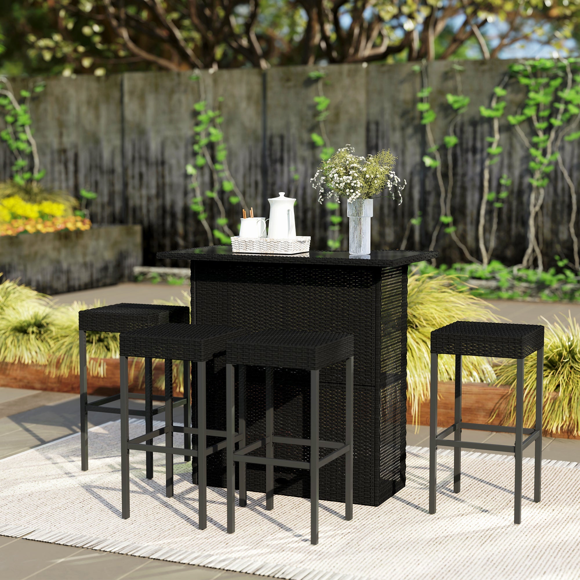 Outsunny 5 Pieces Patio Bar Set, Outdoor PE Rattan Wicker High Top Outdoor Table and Chairs with Glass Top Bar Table and Shelfs, 4 Bar Chairs, Black
