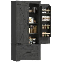 Farmhouse Kitchen Pantry Storage Cabinet, 64" Freestanding Kitchen Pantry Cabinet with Drawers, Distressed Black