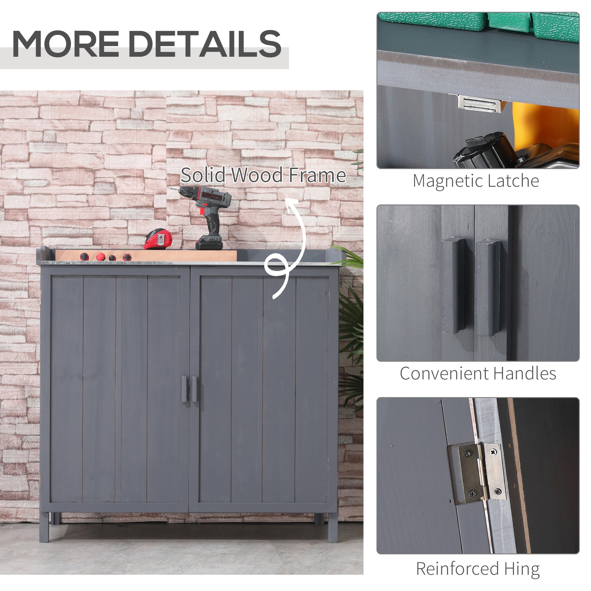 Outsunny Garden Storage Cabinet, Outdoor Potting Bench Table with Galvanized Top and Shelf, Tool Shed with Double Doors, Grey